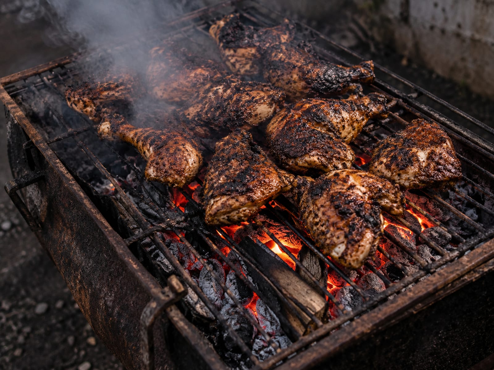 Chicken pieces cooking over glowing charcoal on a metal grill in the evening