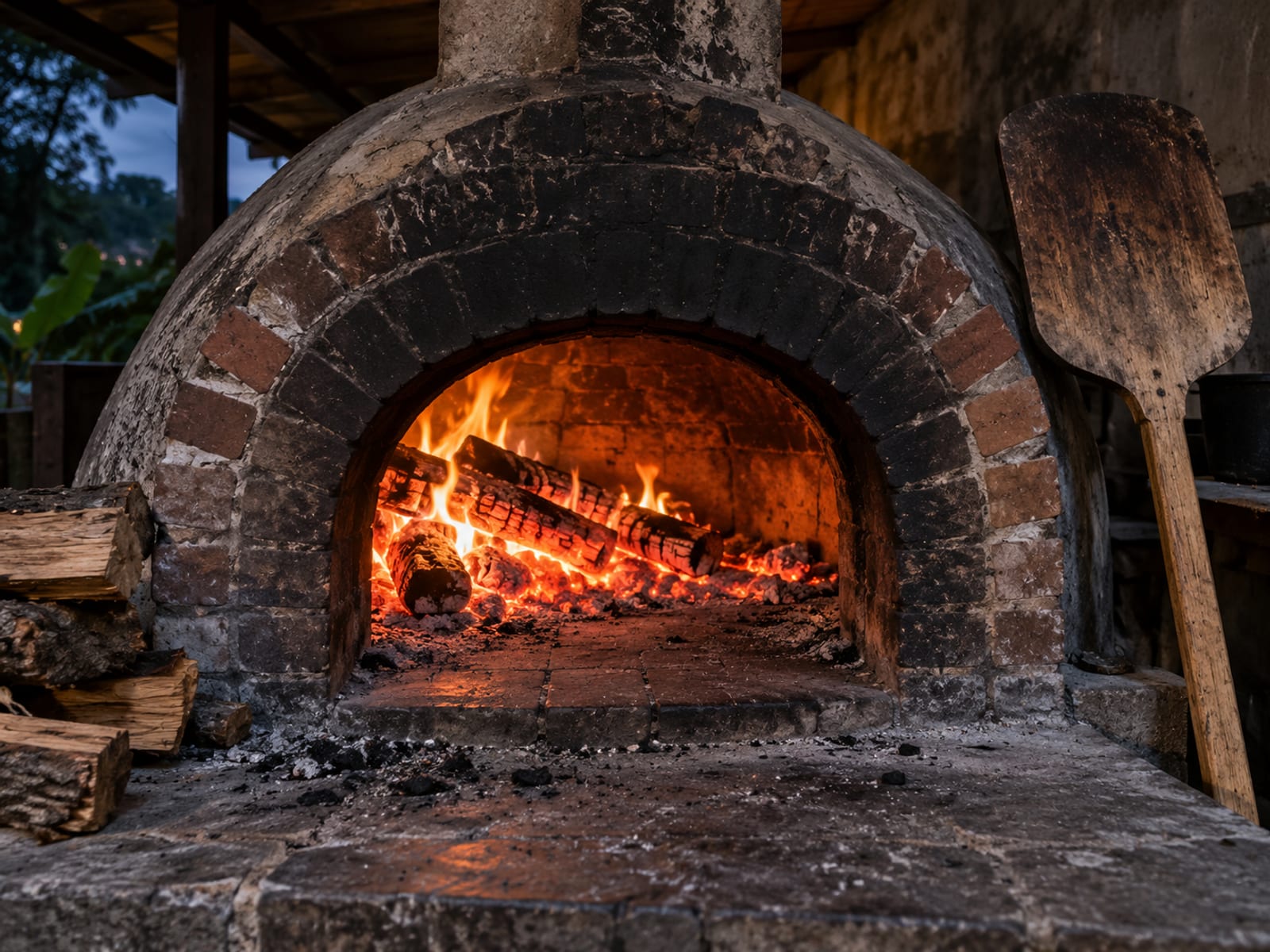 A brick pizza oven with glowing embers and a wooden peel leaning beside it