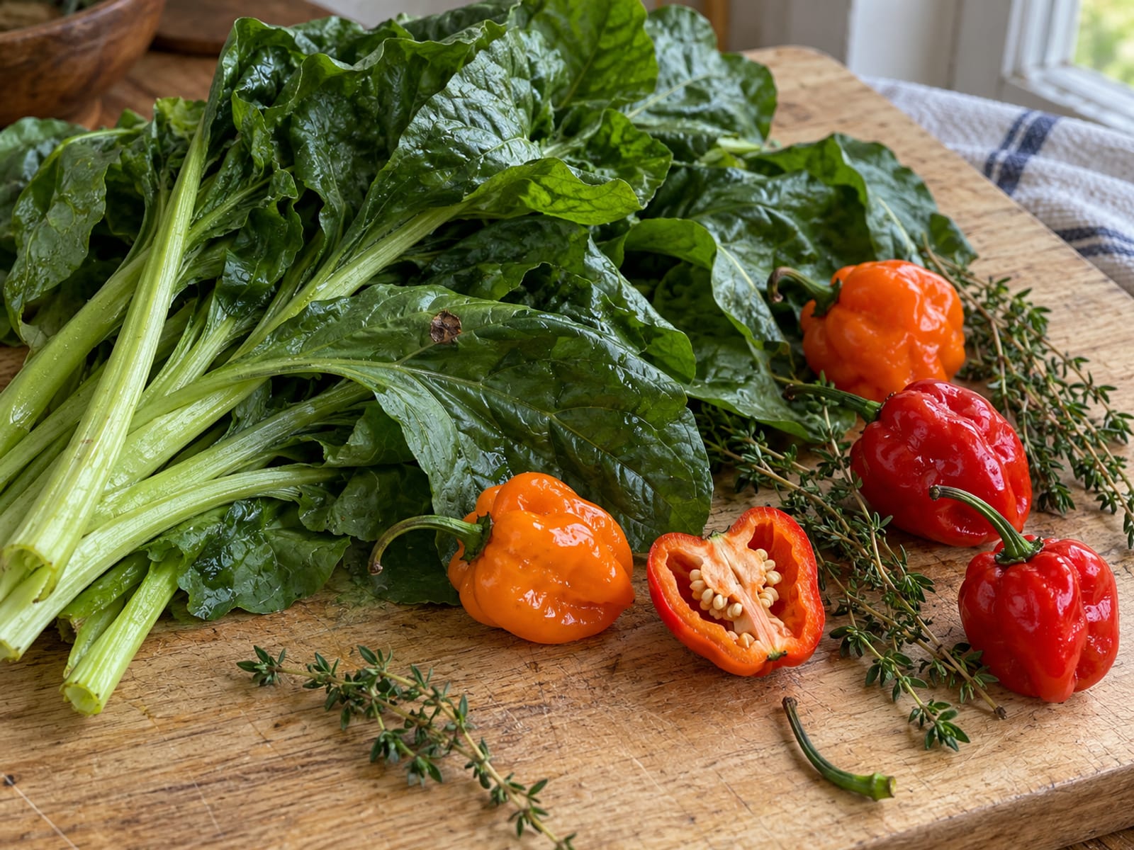 Fresh callaloo leaves, Scotch bonnet peppers and thyme on a wooden board