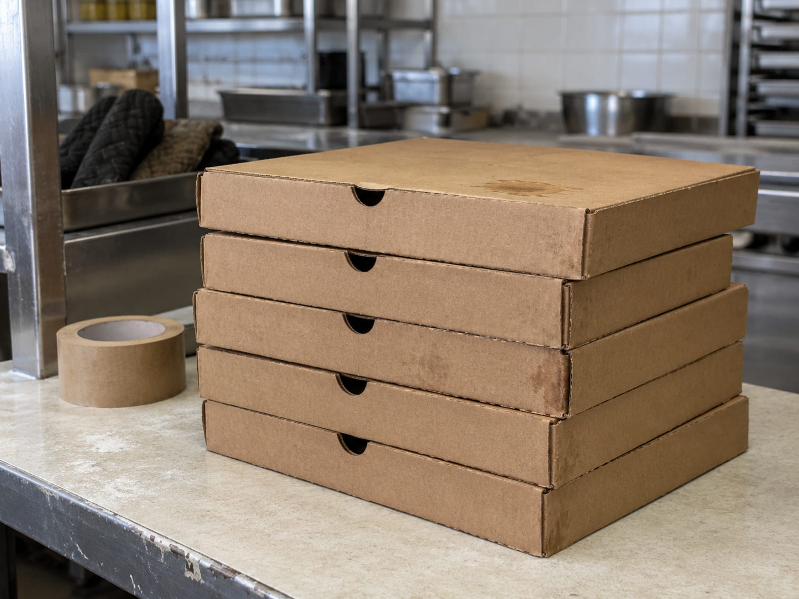A neat stack of plain closed pizza boxes on a kitchen counter