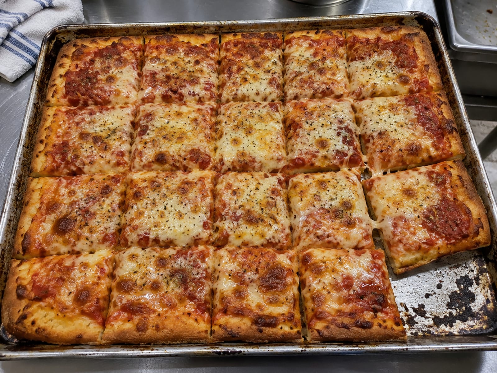 Rectangular pizza cut into slices on a baking tray with a golden crust