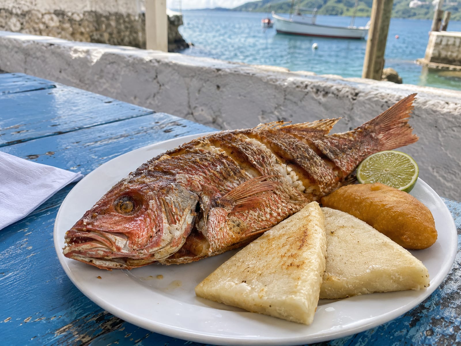 Fried red snapper with bammy and festival on a plain plate beside a harbour wall