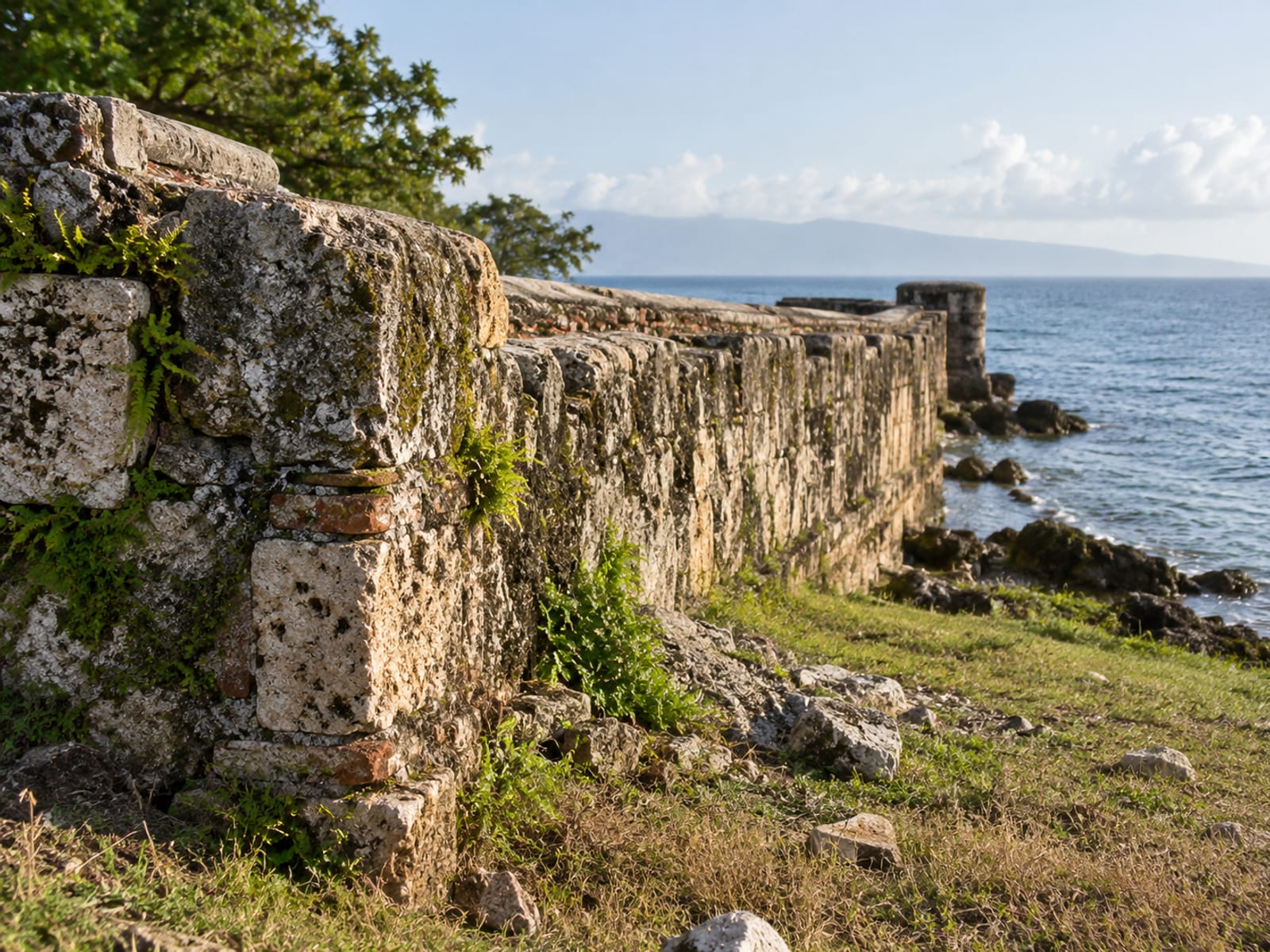 Weathered stone harbour wall with the Caribbean Sea beyond