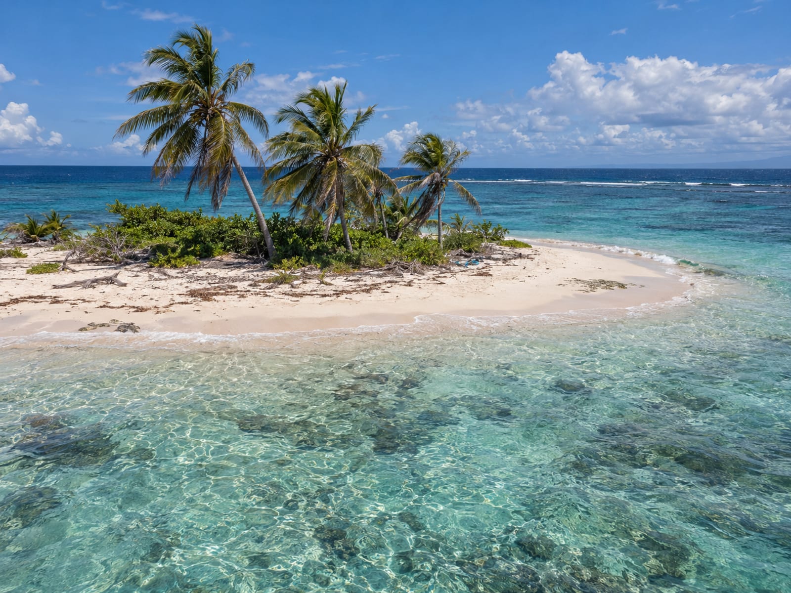 A small sandy cay with turquoise shallow water under a bright sky
