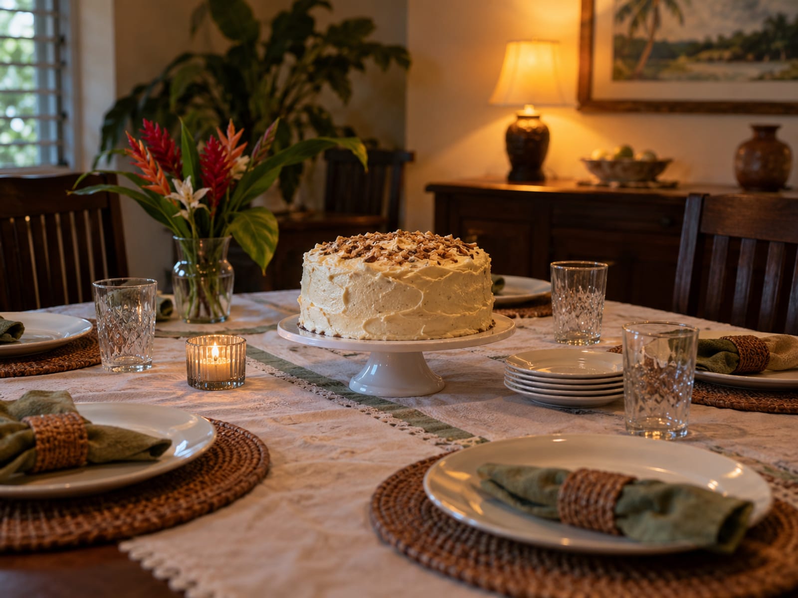 A dinner table set with plates, glasses and a small cake in warm evening light