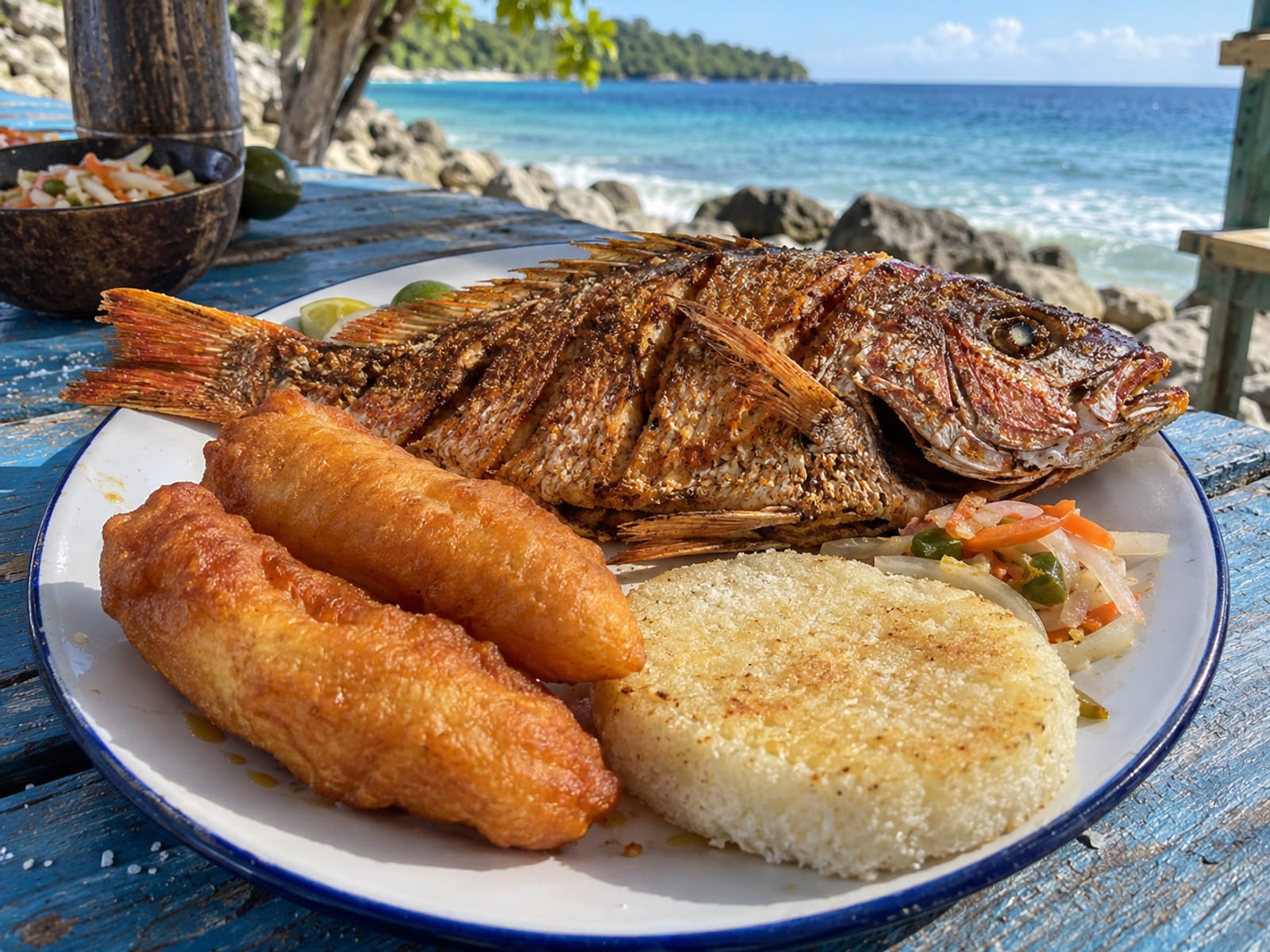 Fried whole snapper with festival and bammy on a plate at a beachside table