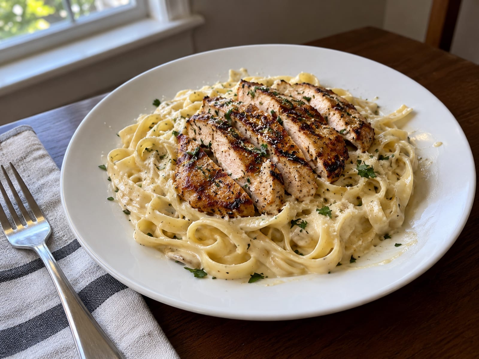 A plate of creamy Alfredo pasta with grilled chicken on a white plate