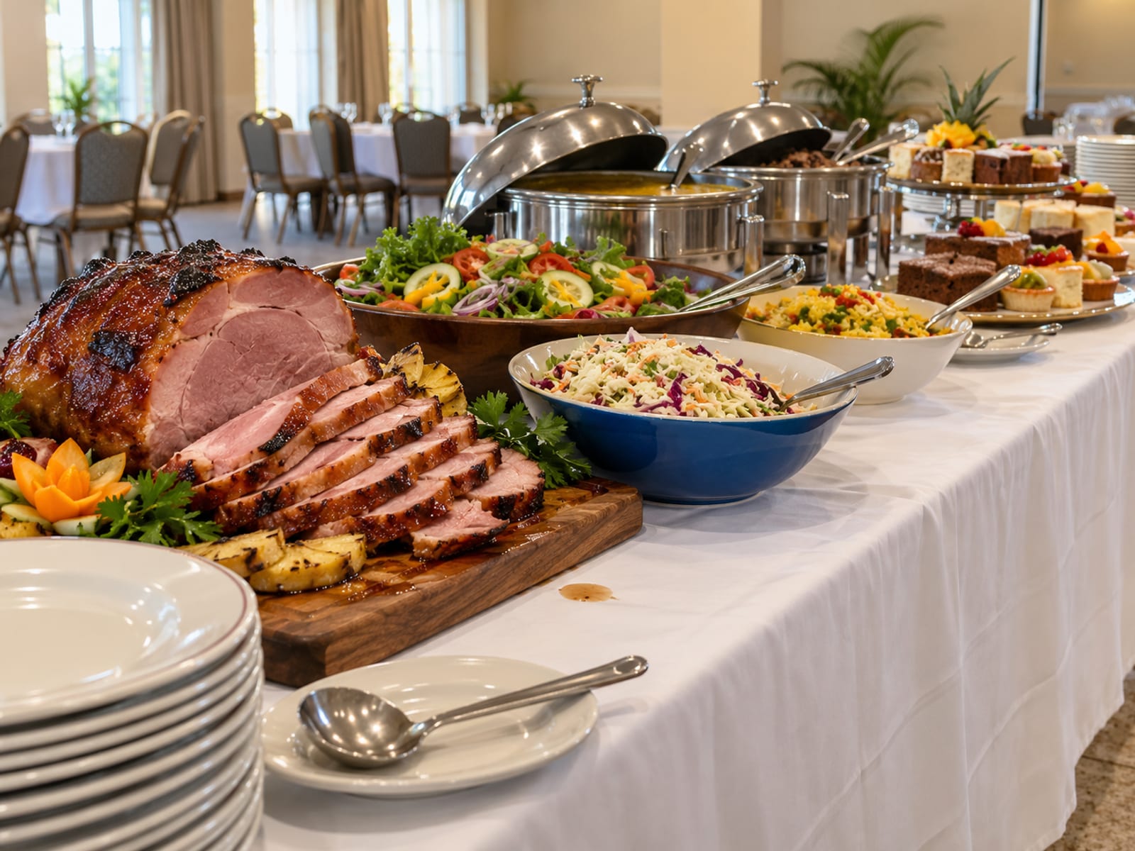 A holiday buffet table with glazed ham, salads, soups and desserts laid out