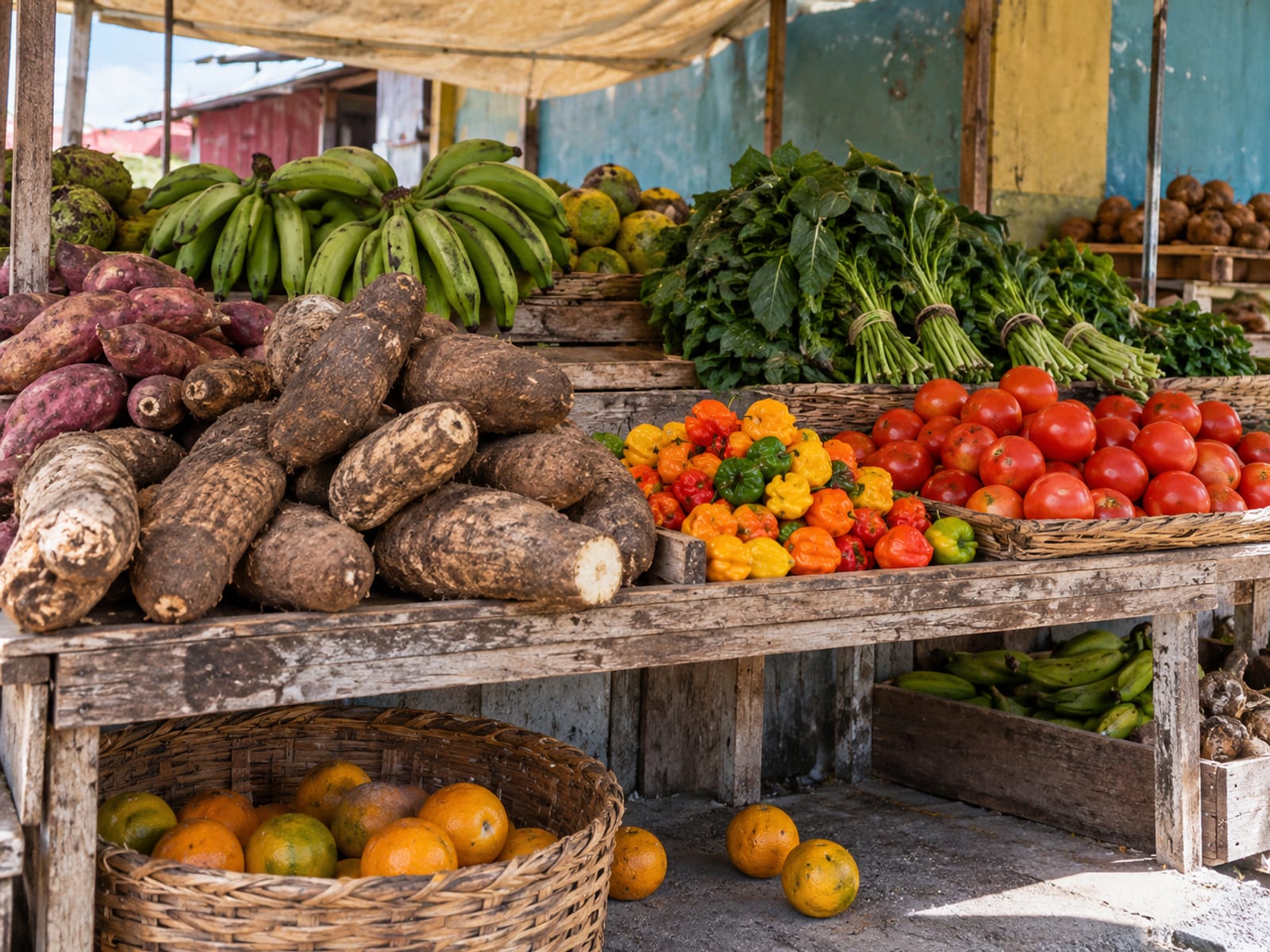 A market stall piled with oranges, pineapples, yams and sweet potatoes