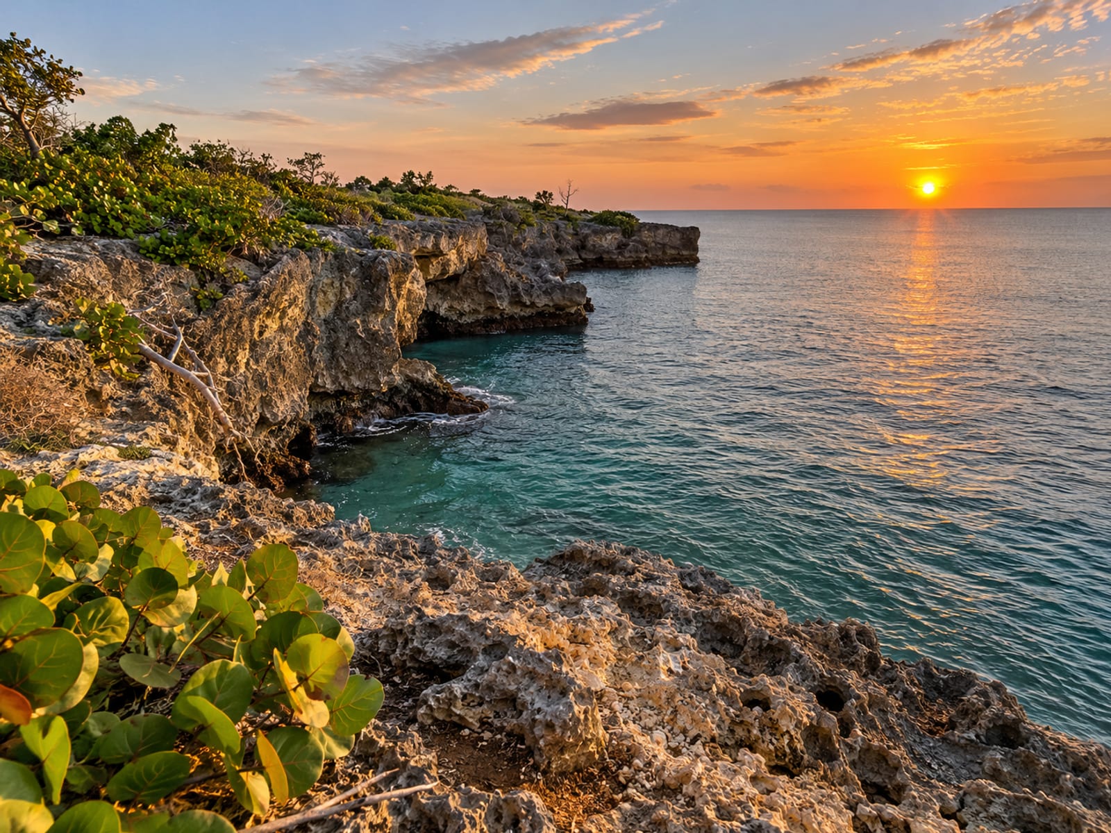 A rocky coastline at sunset with calm turquoise water below a cliff edge
