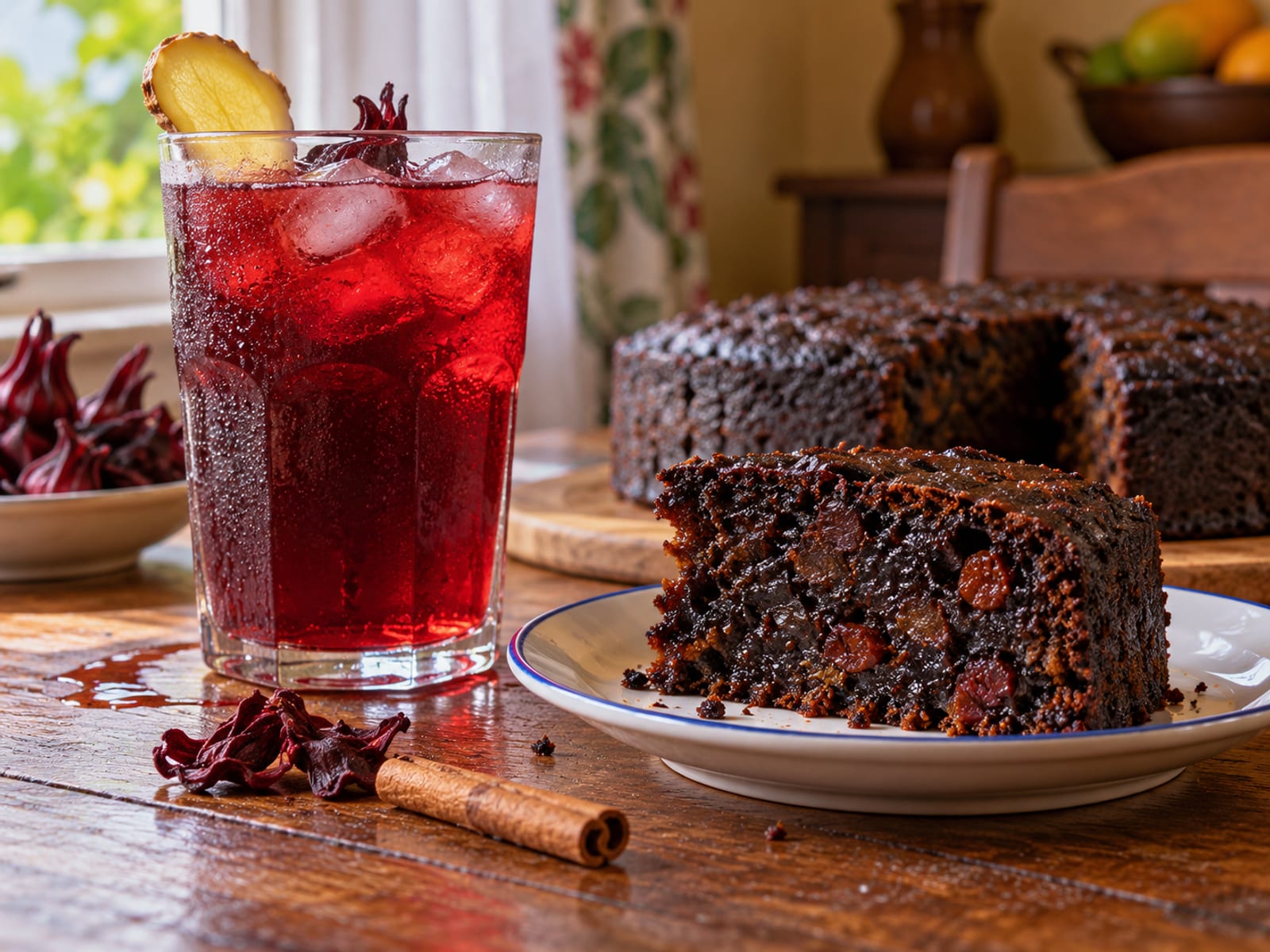 A glass of deep red sorrel drink beside a slice of dark fruit cake