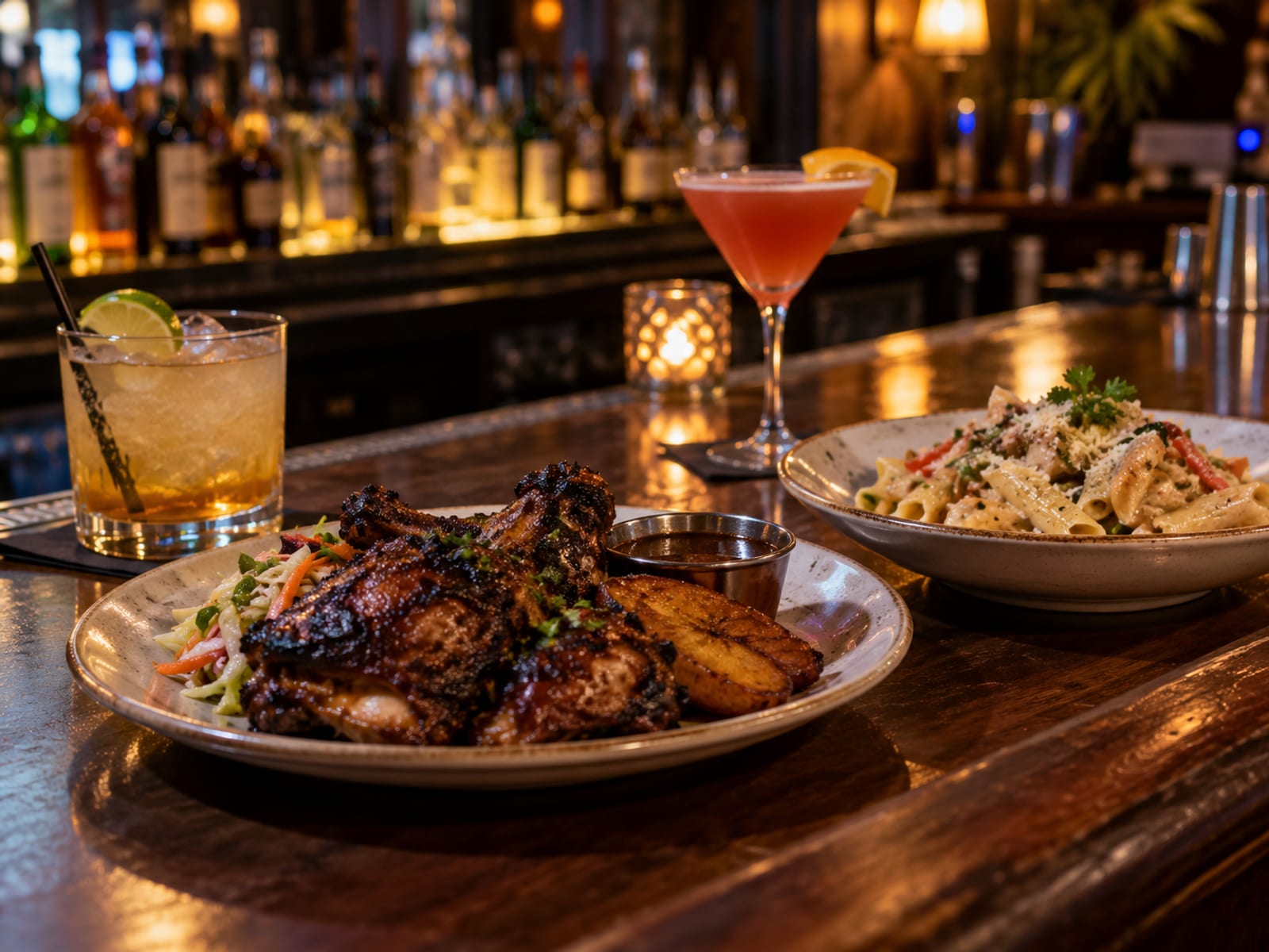A dim bar counter with cocktails and a plate of jerk chicken and pasta