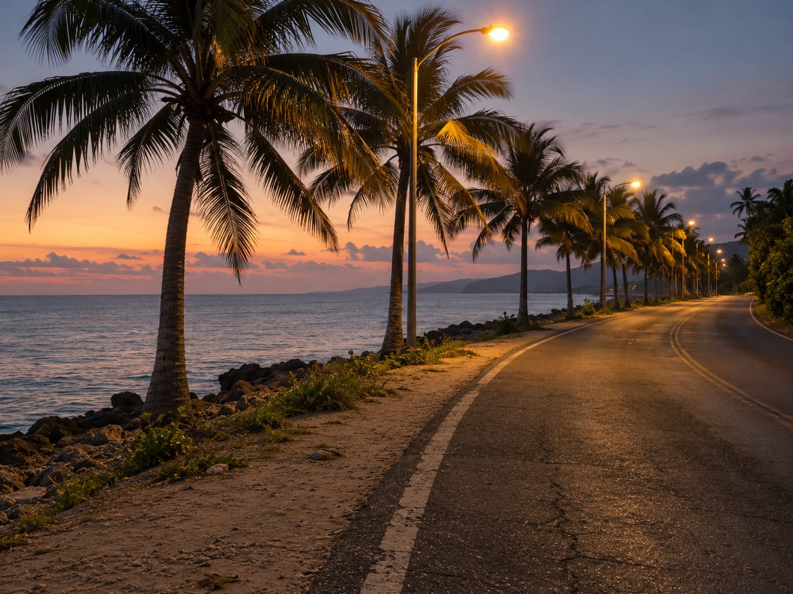 A palm-lined coastal road at dusk with glowing streetlights and a calm sea beyond