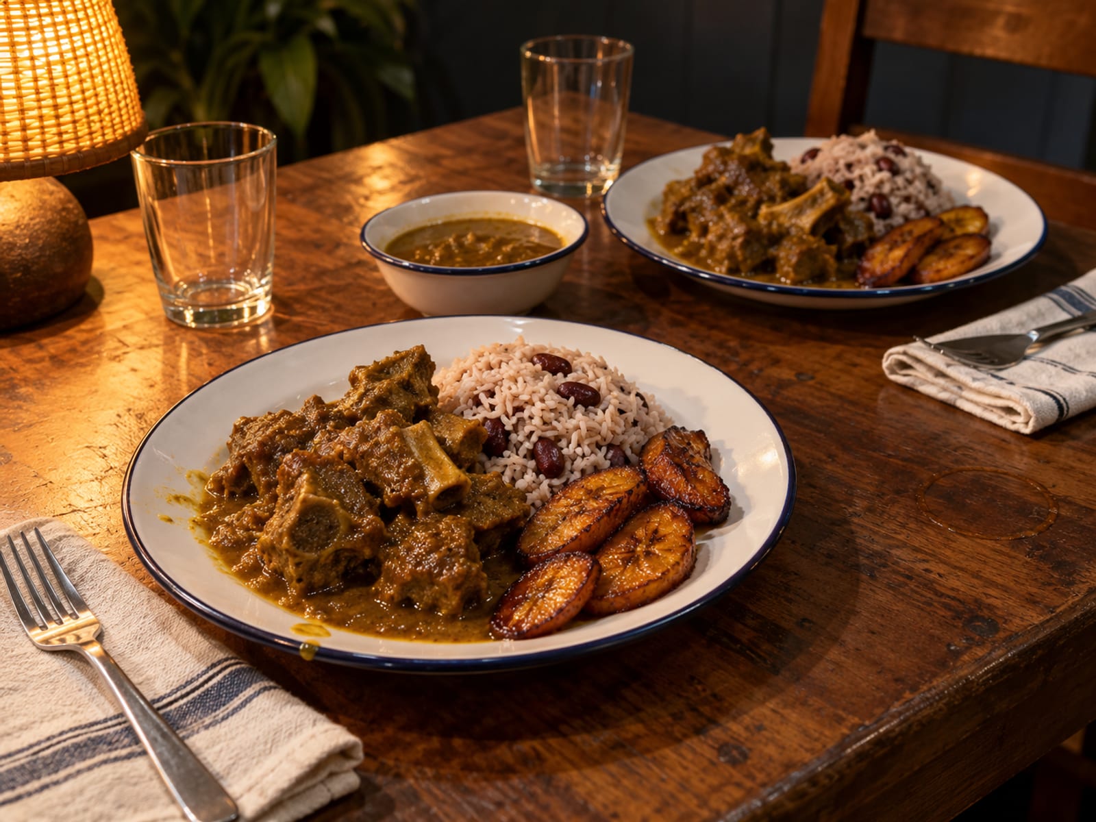 A set dinner table with plates of curry goat, rice and peas and fried plantain