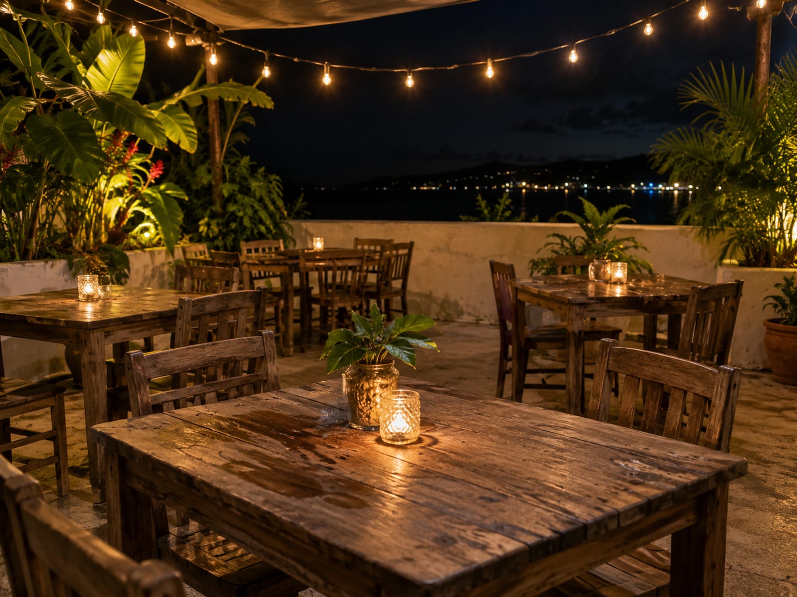 A quiet lounge terrace at night with warm string lights and empty tables