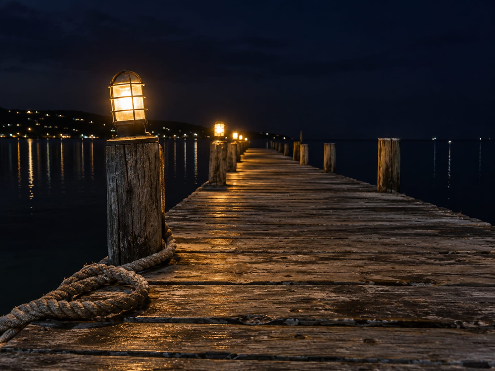 A wooden pier over calm water at night, lit by a row of warm lamps
