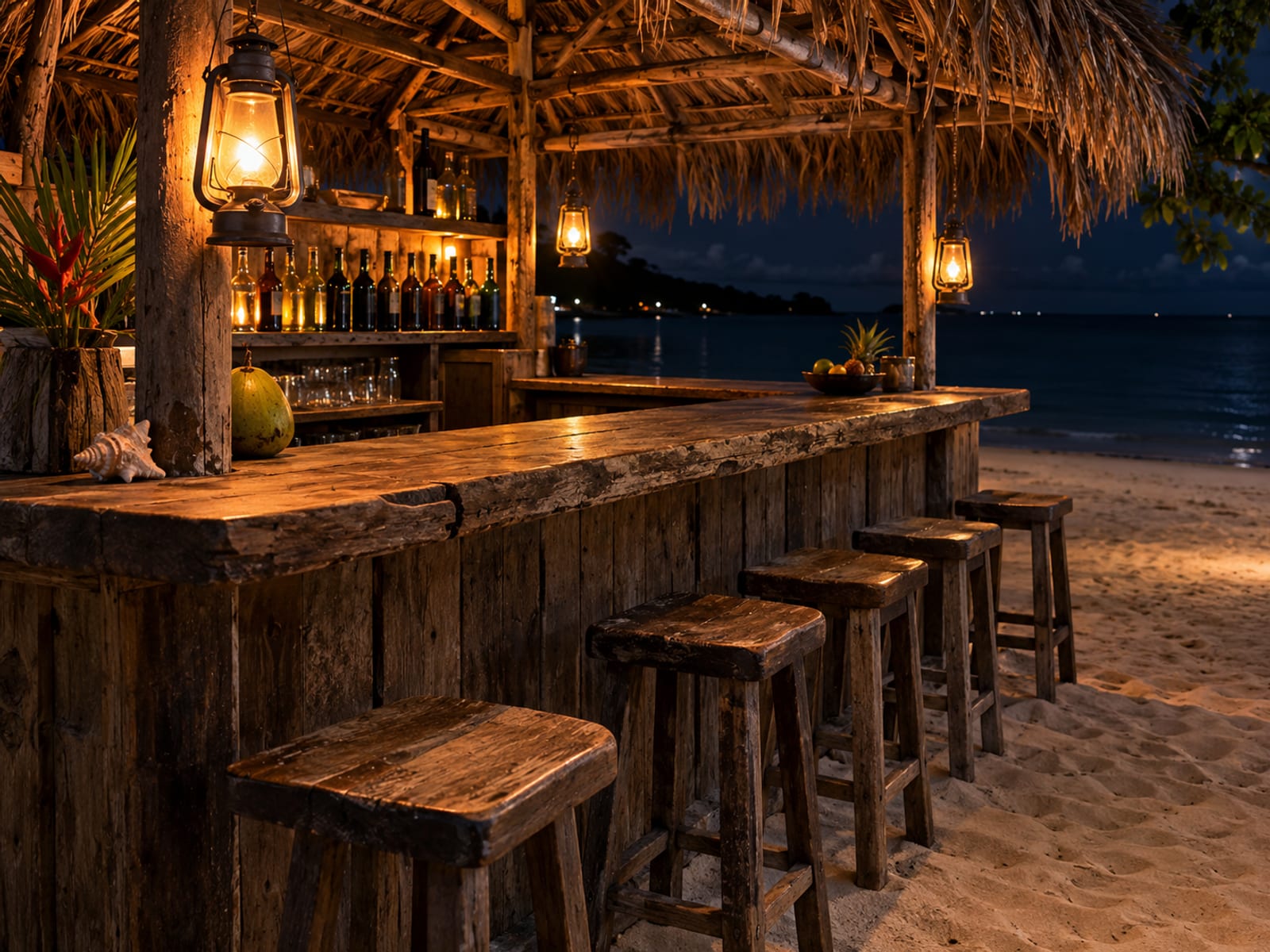 A quiet beachfront bar terrace with lanterns glowing at night beside the sea