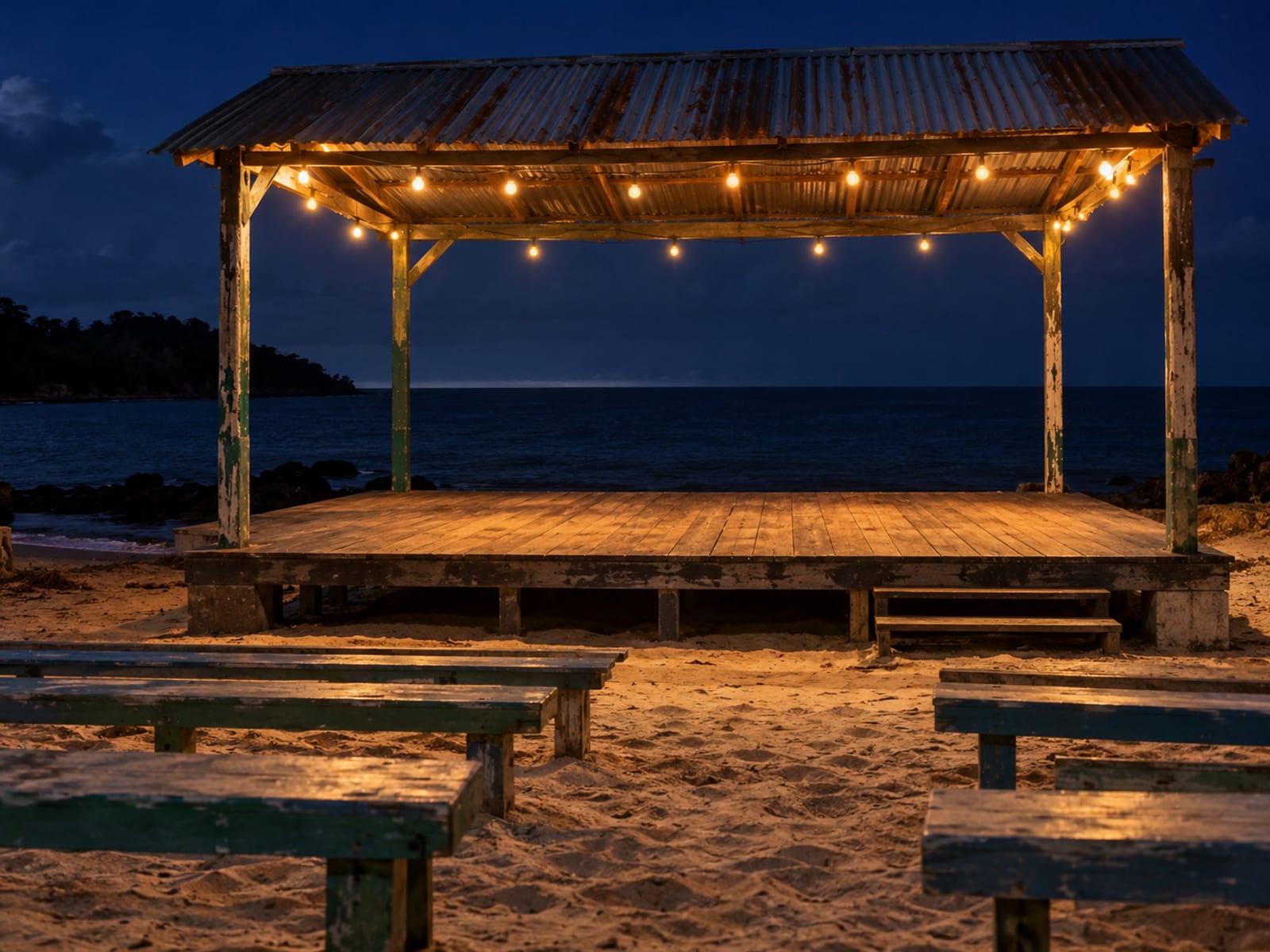 A beach at night with string lights and a stage glowing beside dark water