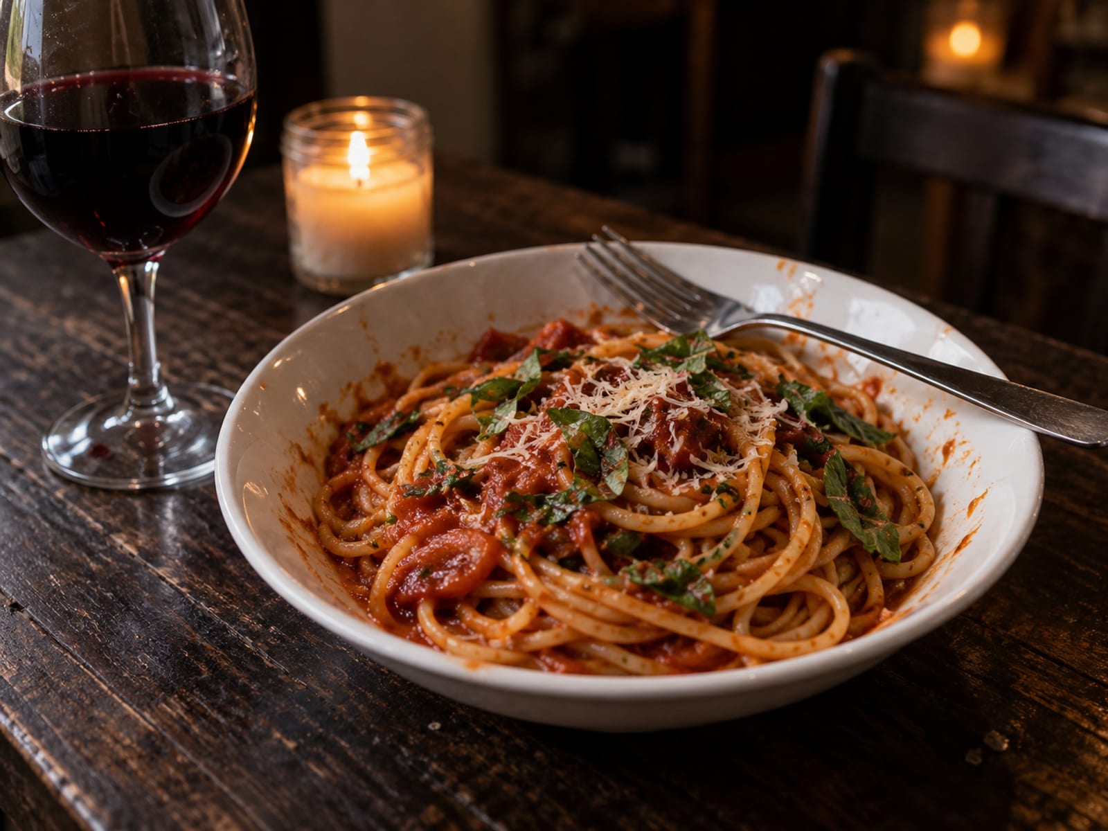 A plate of pasta and a glass of red wine on a candlelit table late at night
