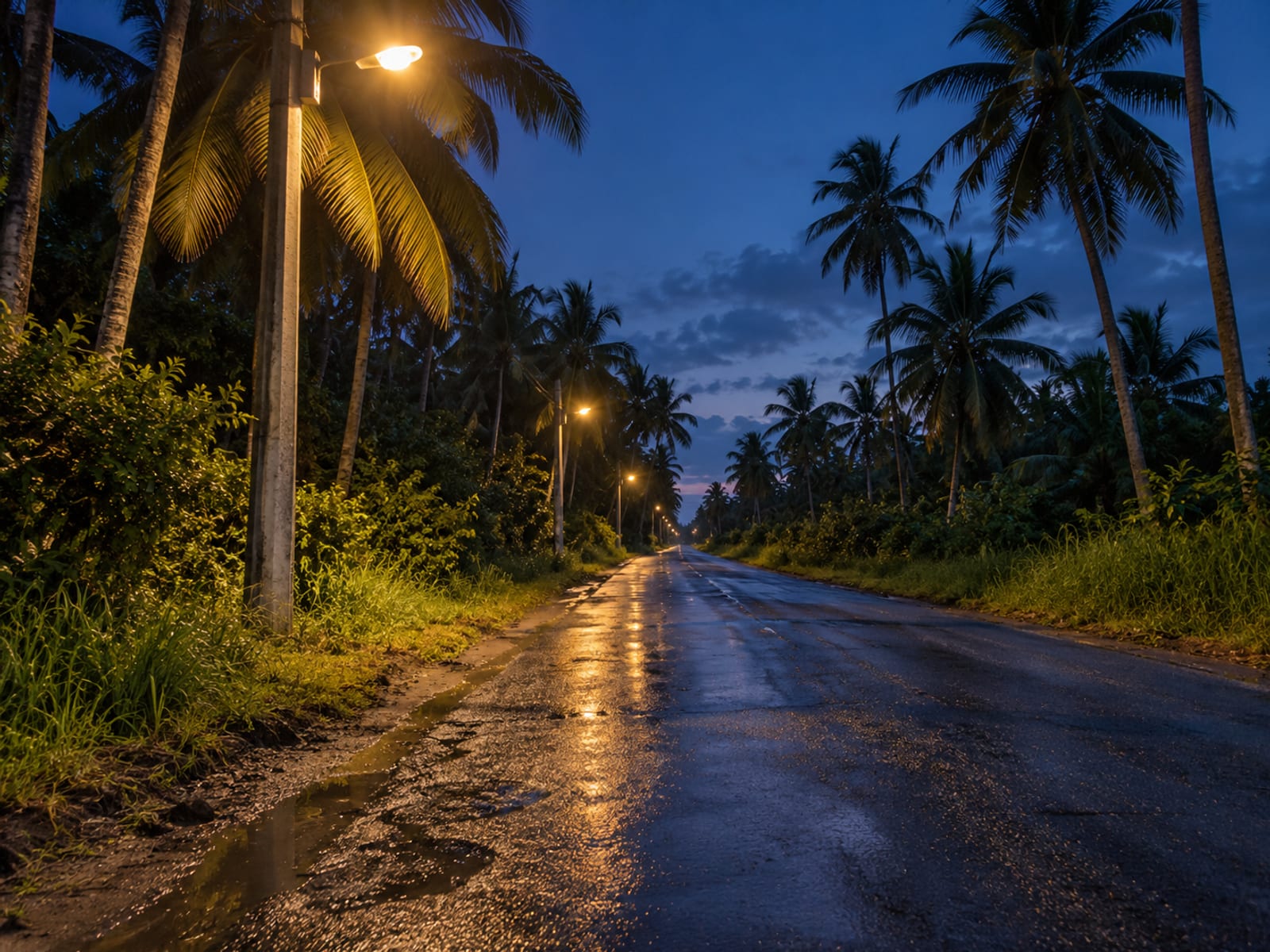 A quiet palm-lined road at dusk with soft streetlight glow and no traffic