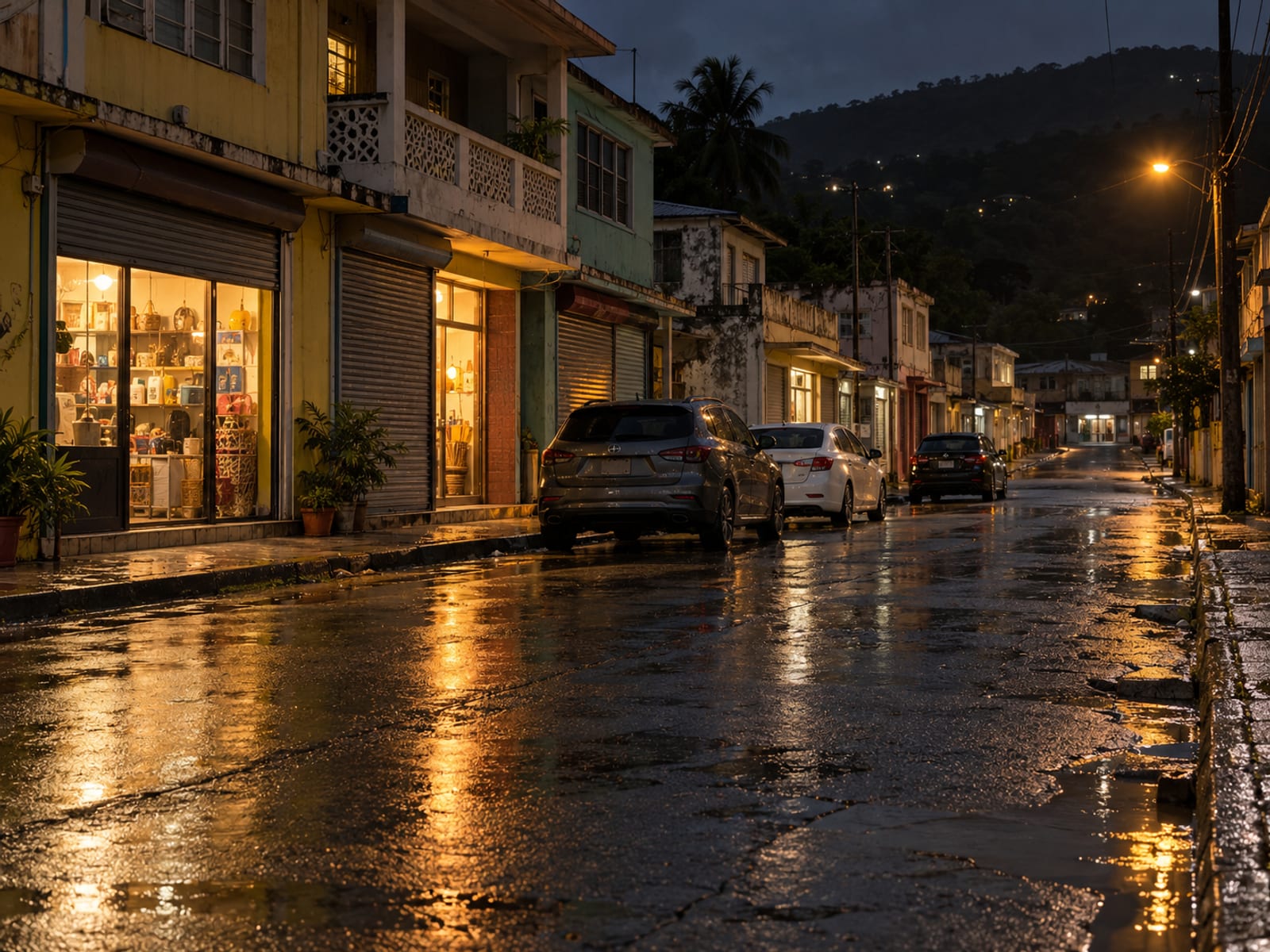 A town street at night with warm shop lights and a few parked cars