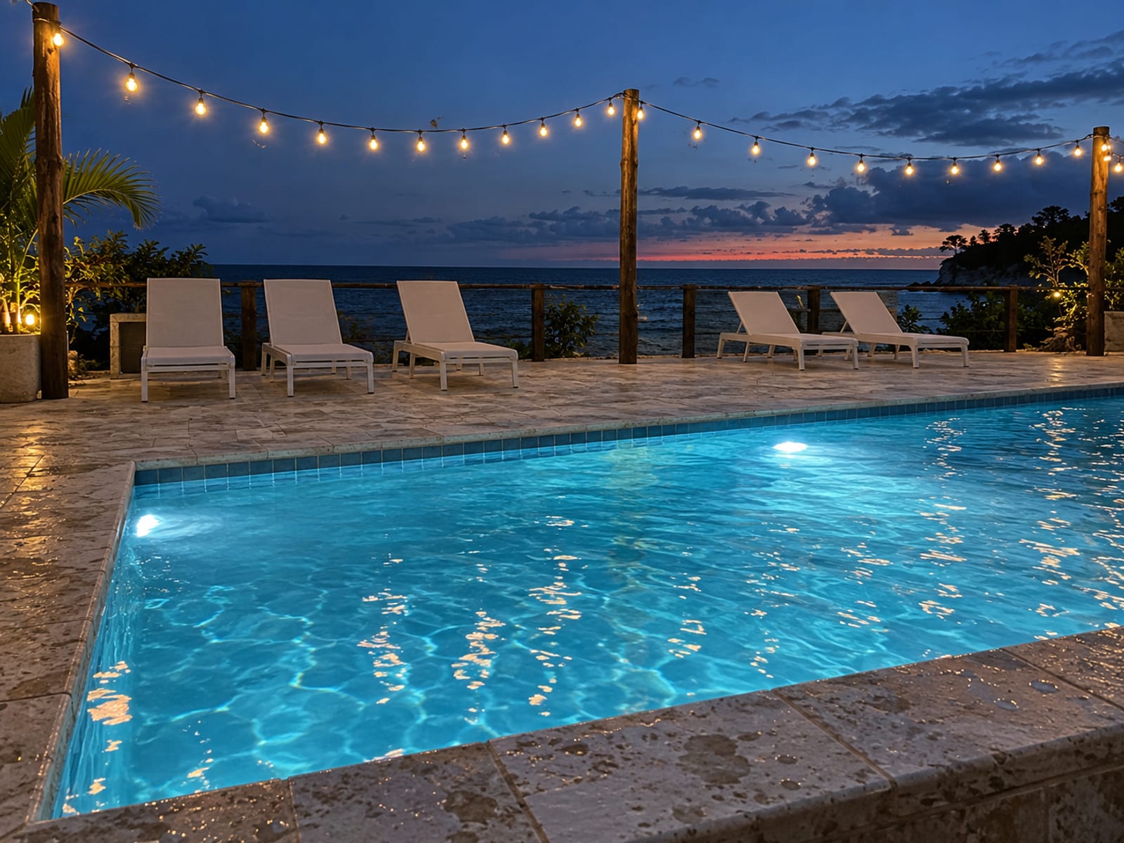 A resort pool deck at dusk with empty lounge chairs and string lights