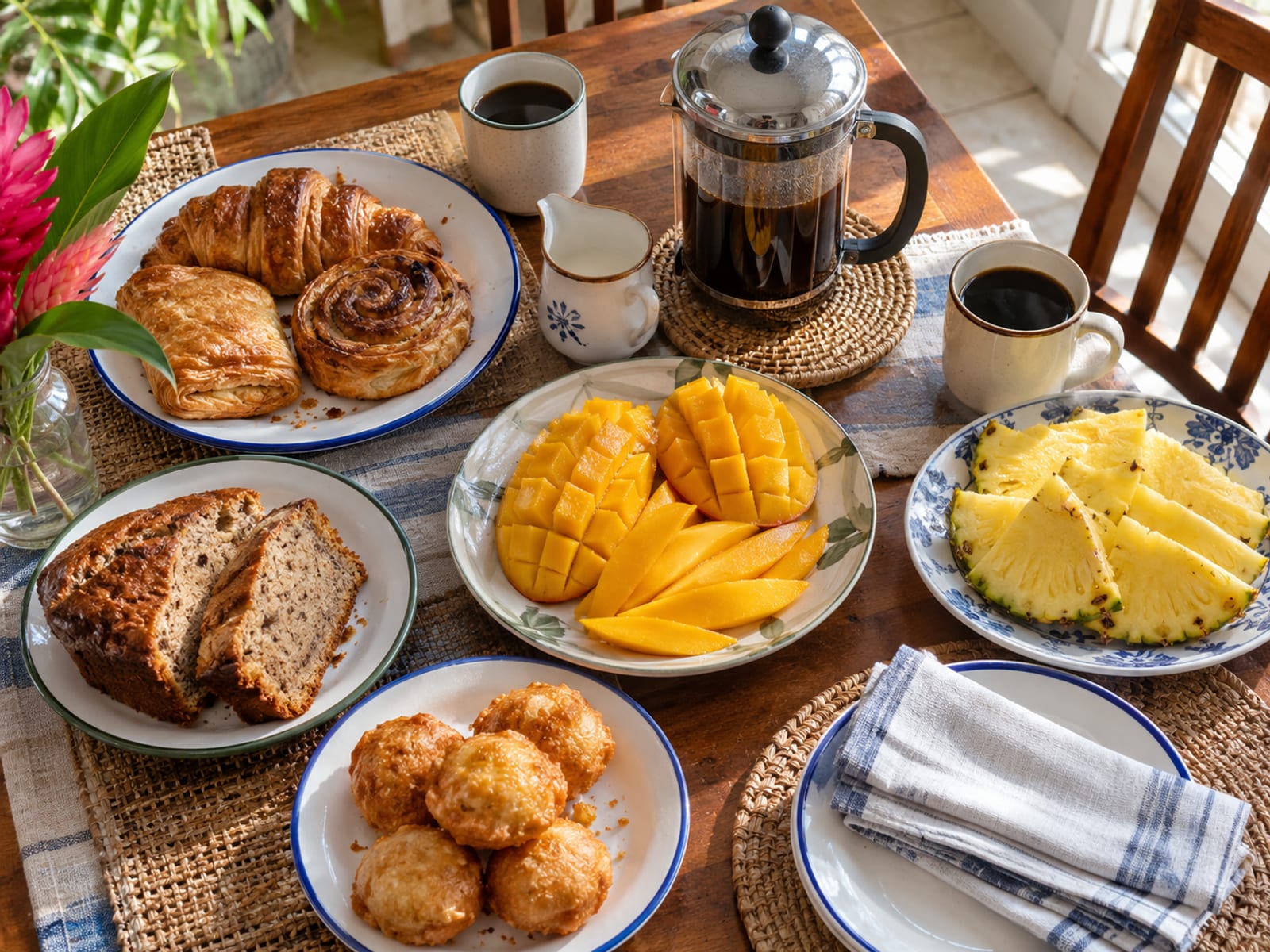 A brunch table with pastries, sliced tropical fruit and a pot of coffee