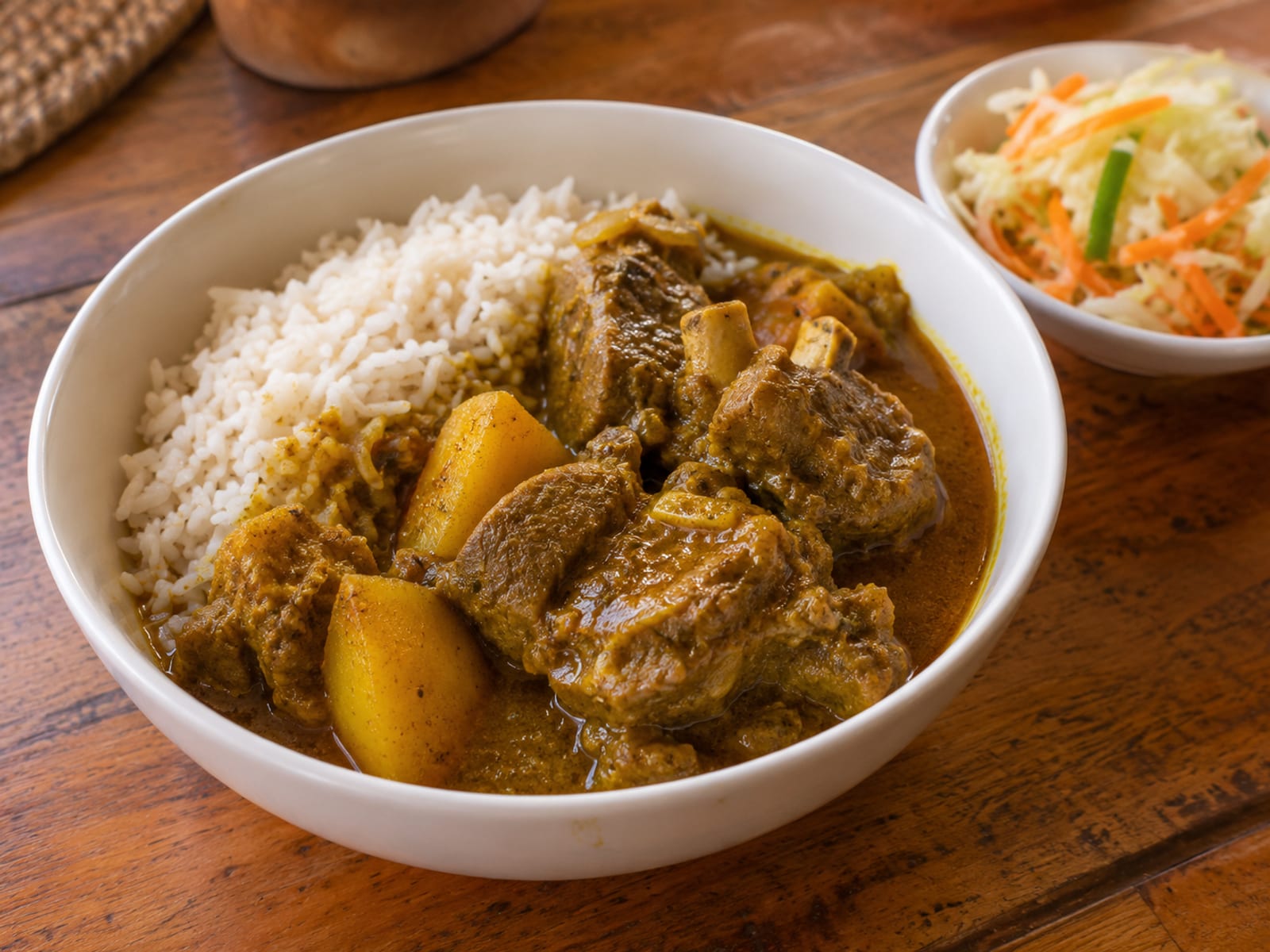 A bowl of curried goat with white rice and a side of slaw
