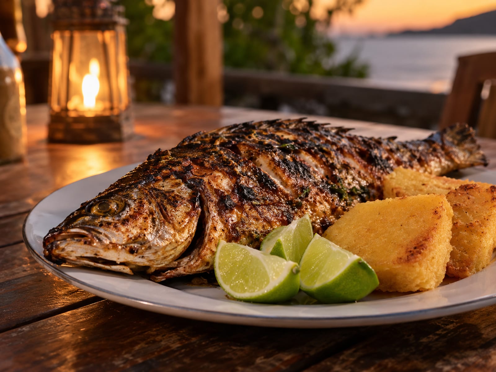 A whole grilled fish on a plate with lime wedges and a side of fried bammy
