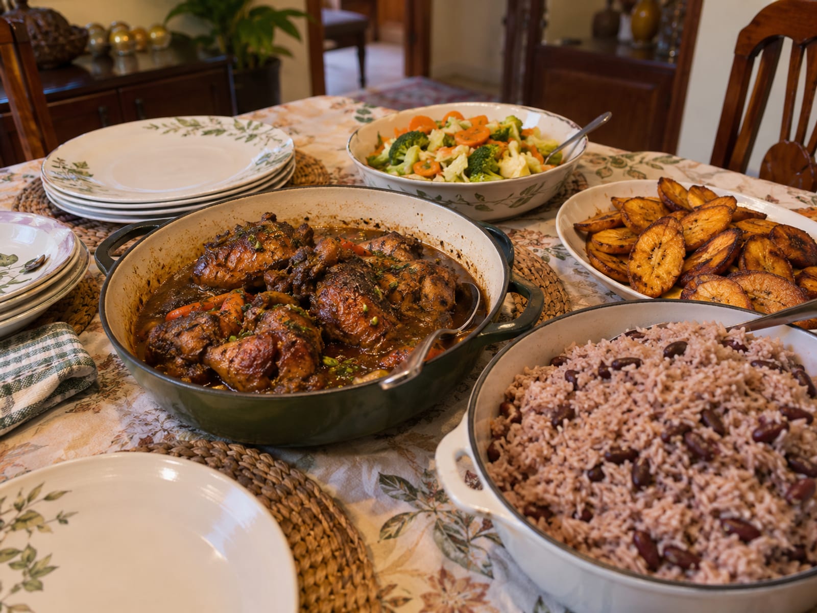 A family dinner table set with covered dishes of chicken, rice and peas and vegetables