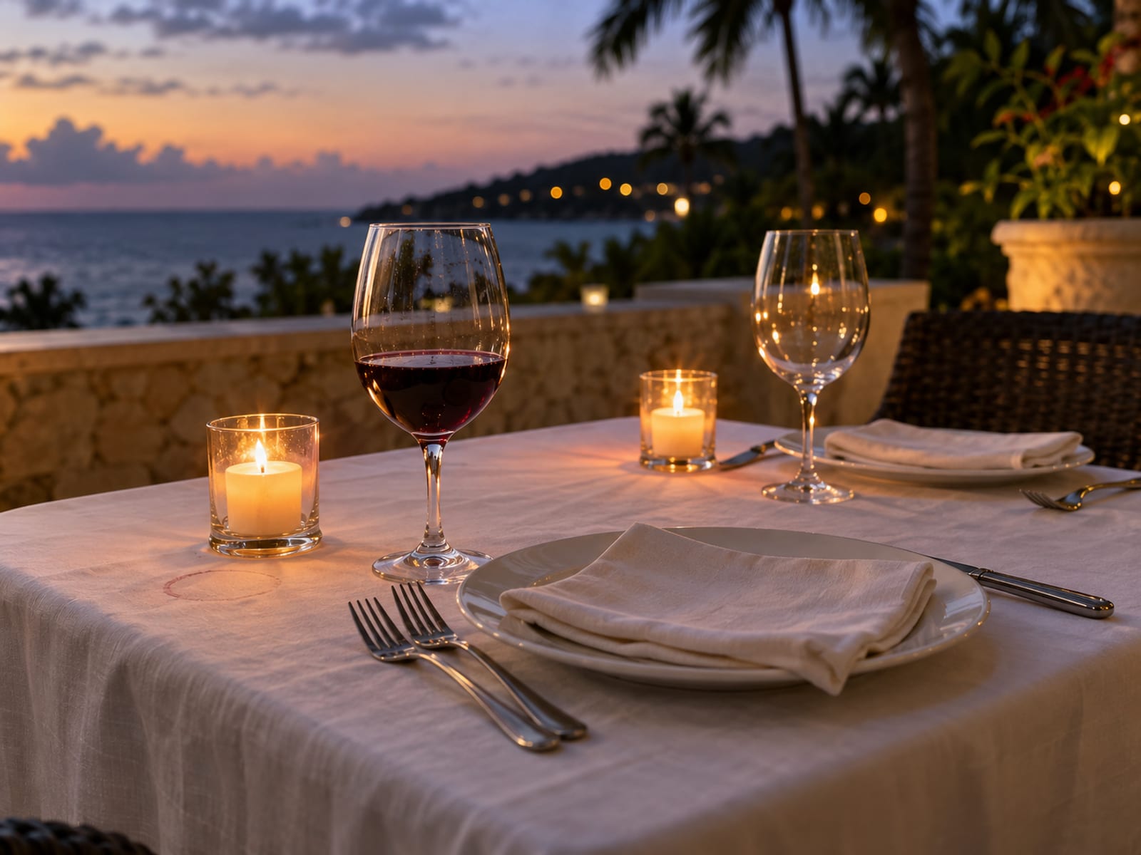 A candlelit dinner table set for two with wine glasses on a stone terrace at dusk