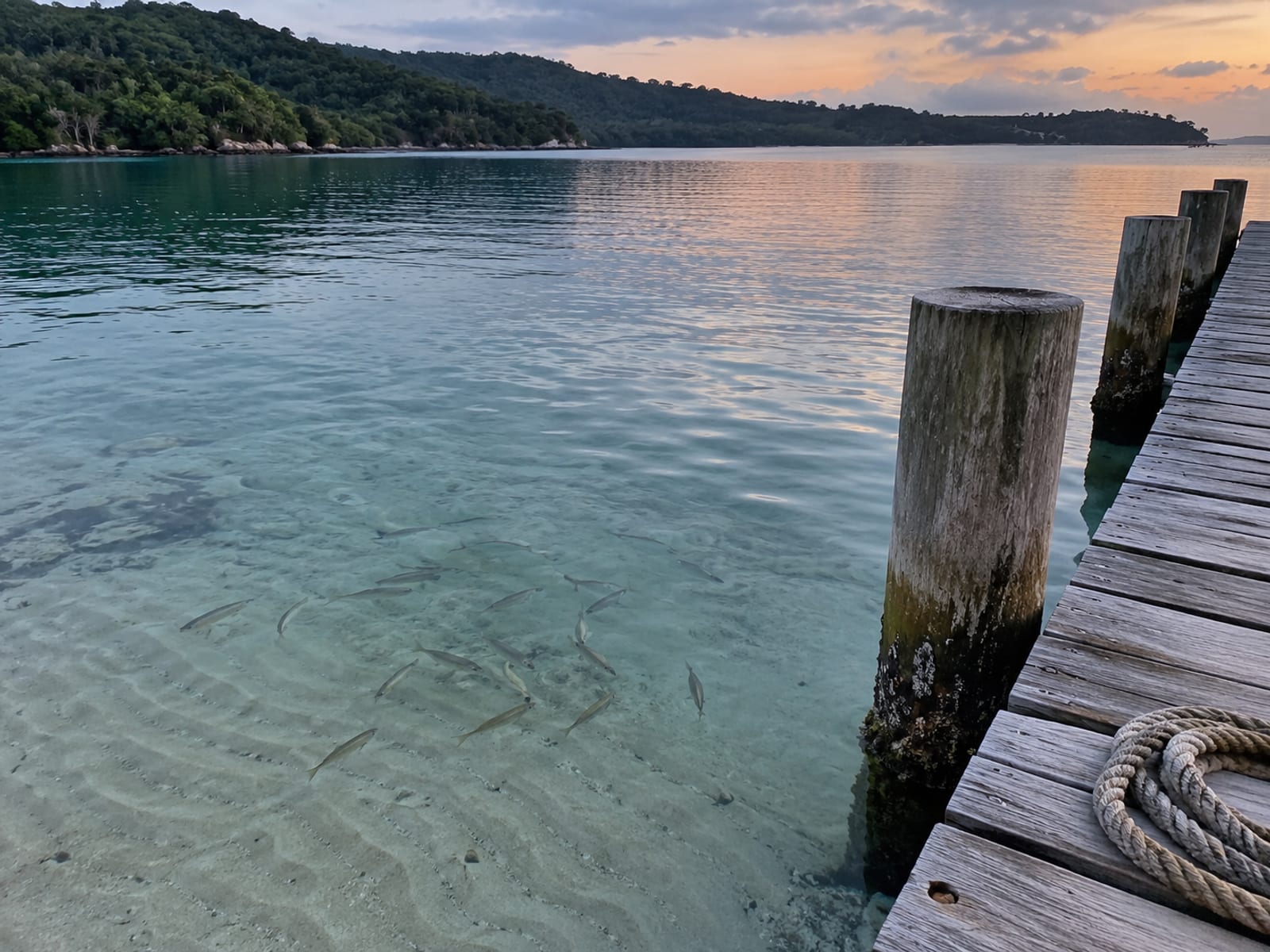 Calm harbour water at dusk with a wooden jetty and small fish near the surface