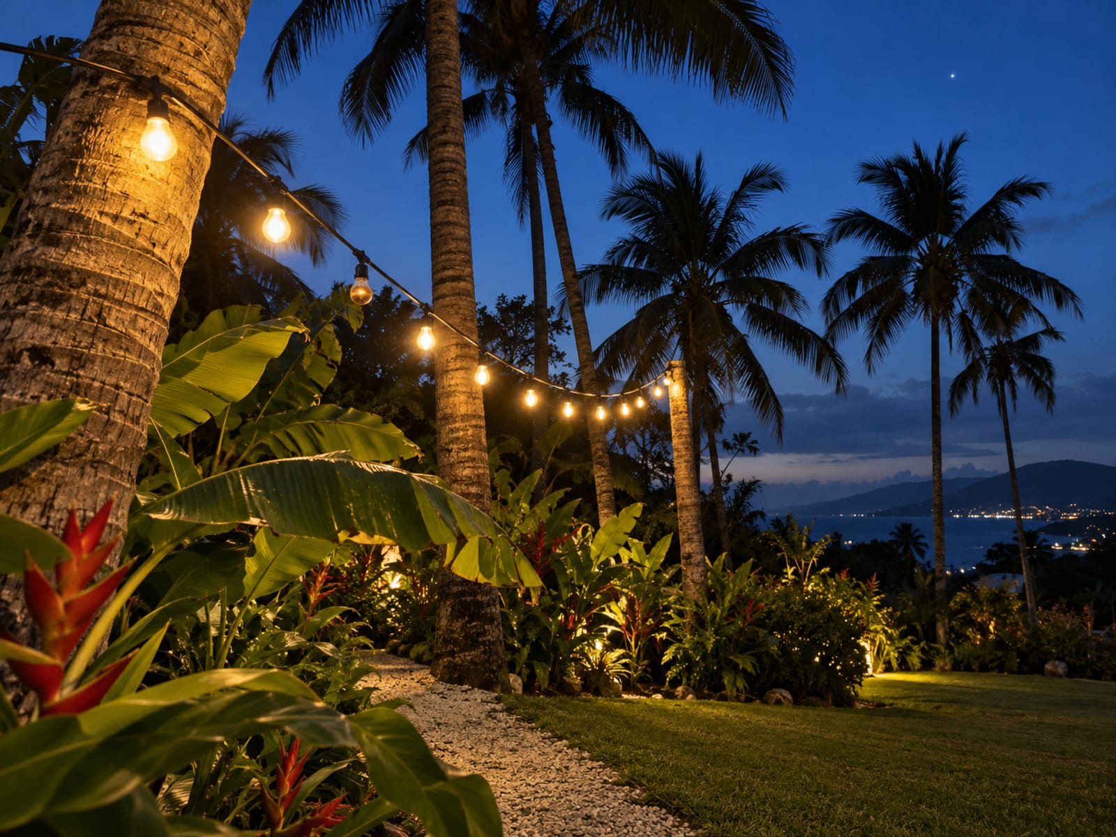 A tropical garden at dusk with warm string lights hanging between palms