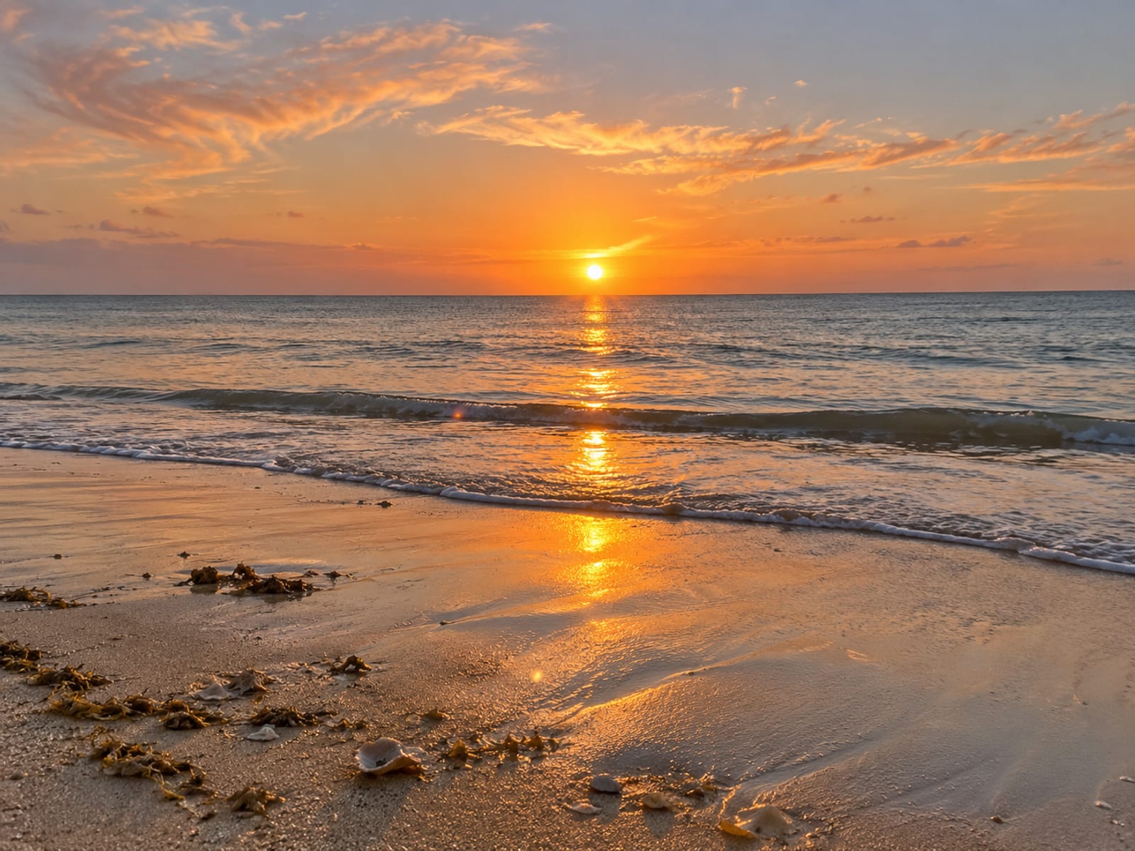 Golden sunset reflected on calm sea water beyond a quiet beach