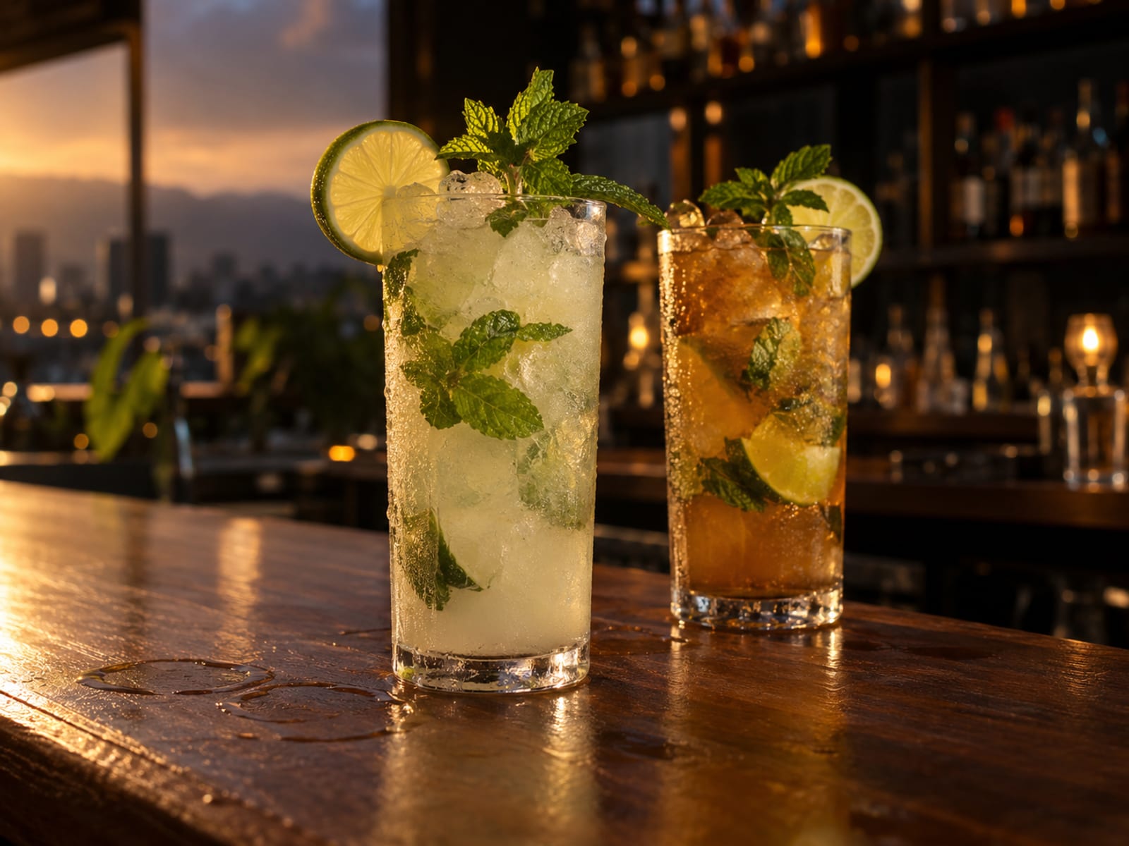 Two colourful cocktails with garnishes on a rooftop bar counter in evening light