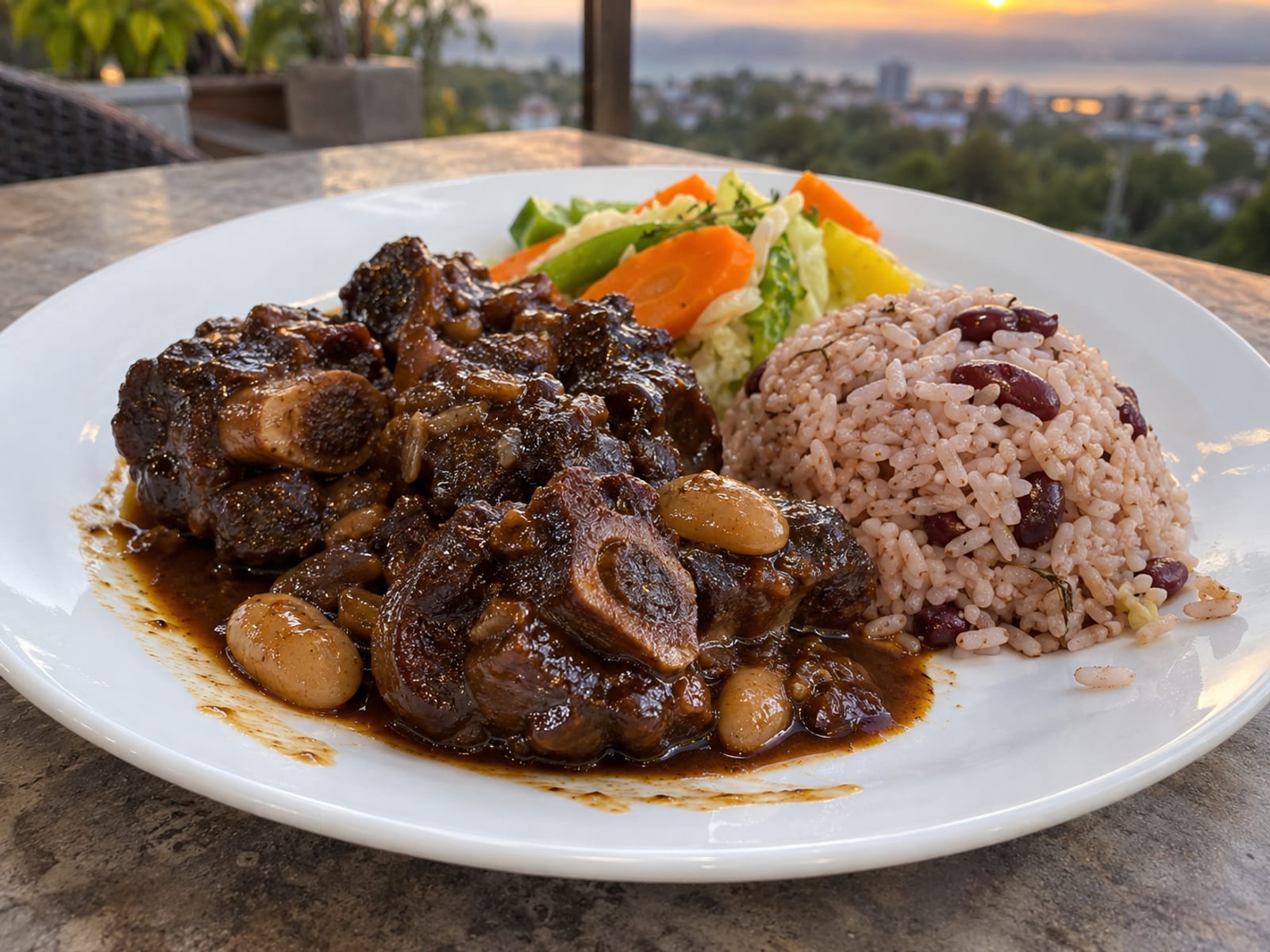 Plated oxtail with rice and peas and sautéed vegetables on a white plate
