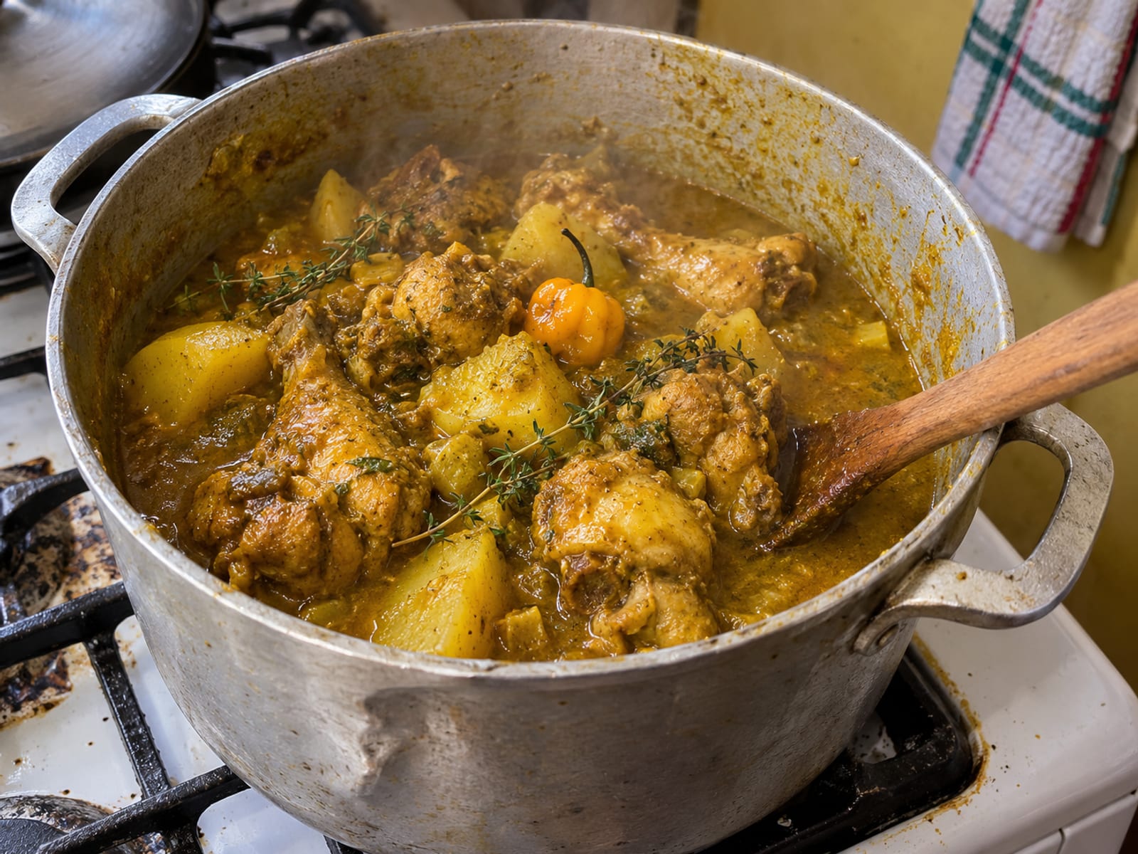 A pot of curry chicken with potato and thyme on a stove