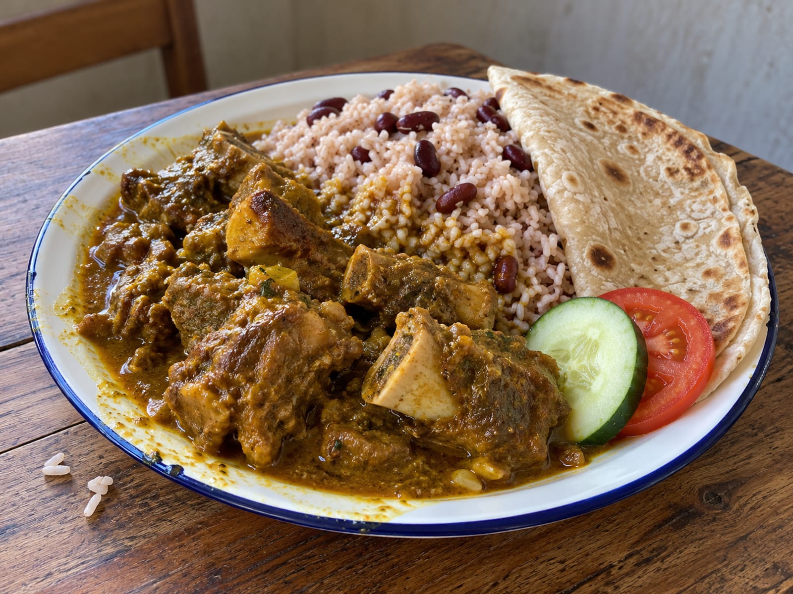 A plate of curry goat with rice and peas and a round of roti on a plain table