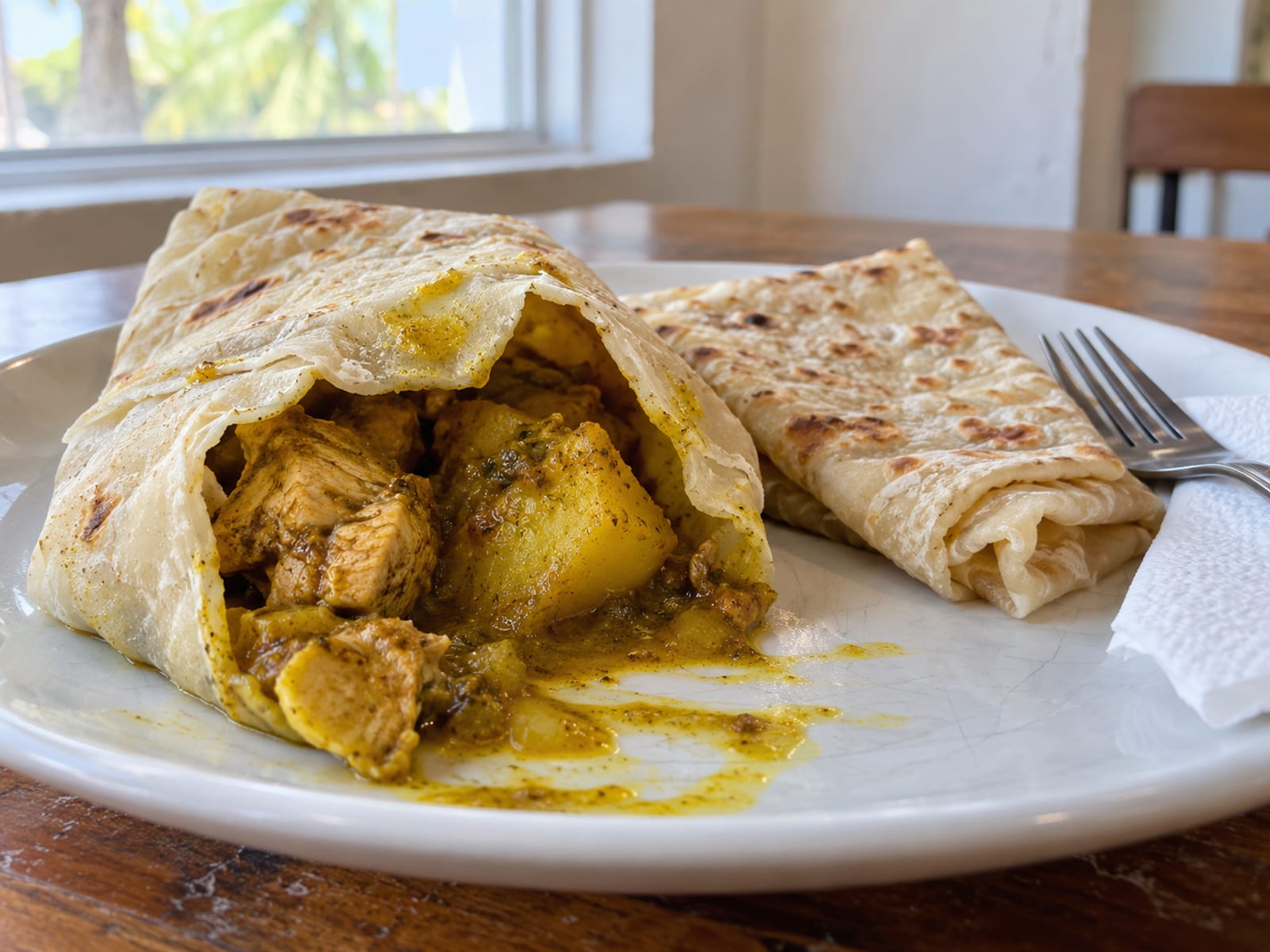 A soft roti folded around curry on a plain plate