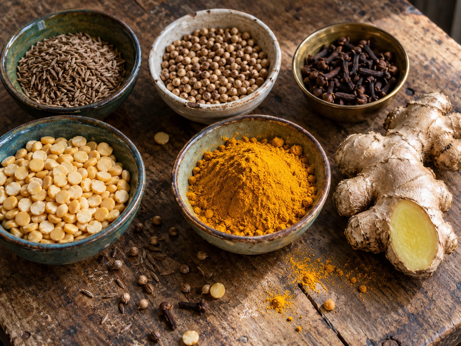 Whole spices, fresh ginger and split peas in small bowls on a wooden table