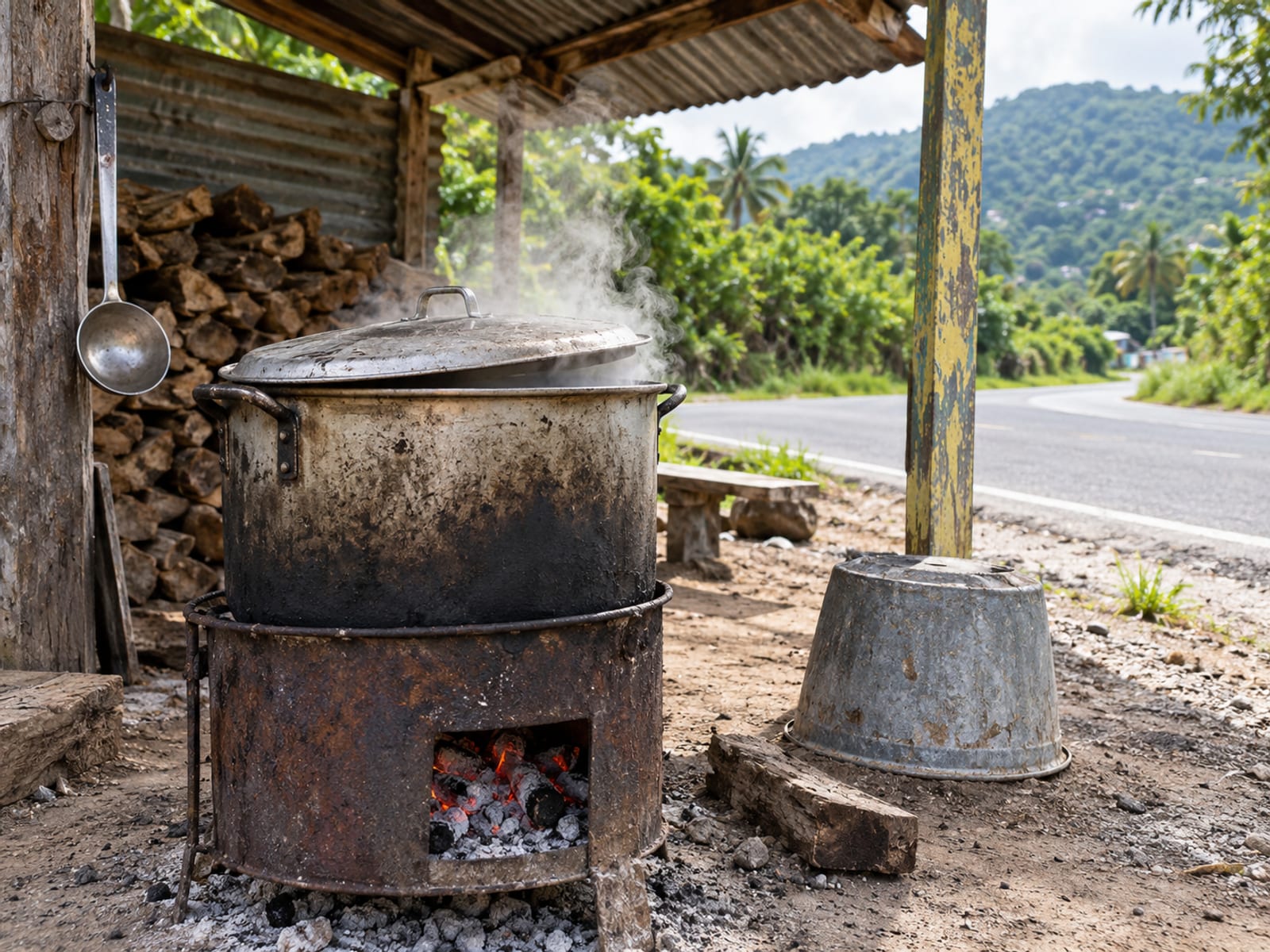 A large steaming metal soup pot on a coal stove beside a plain table