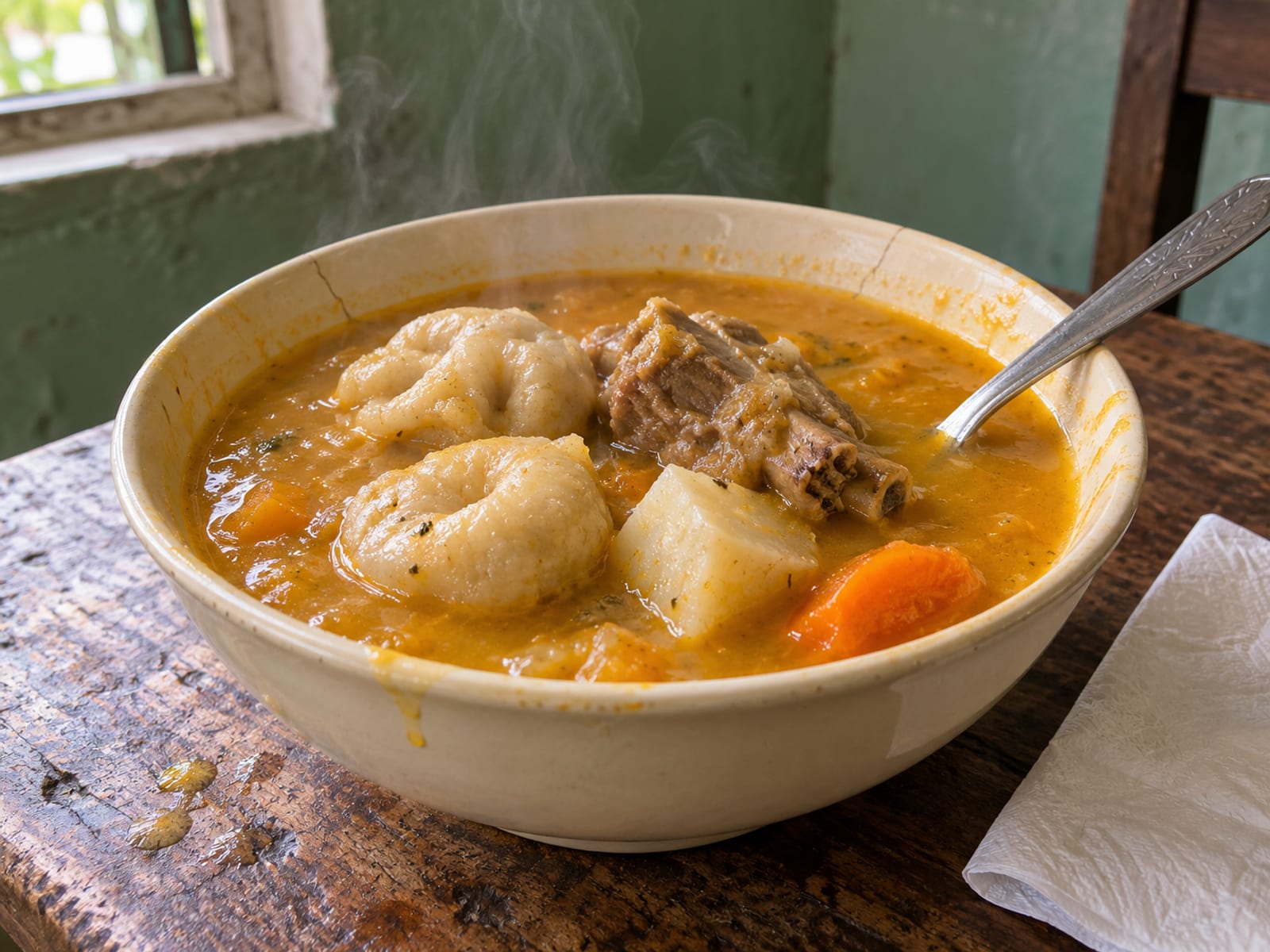 A deep bowl of orange pumpkin soup with dumplings, yam and chicken