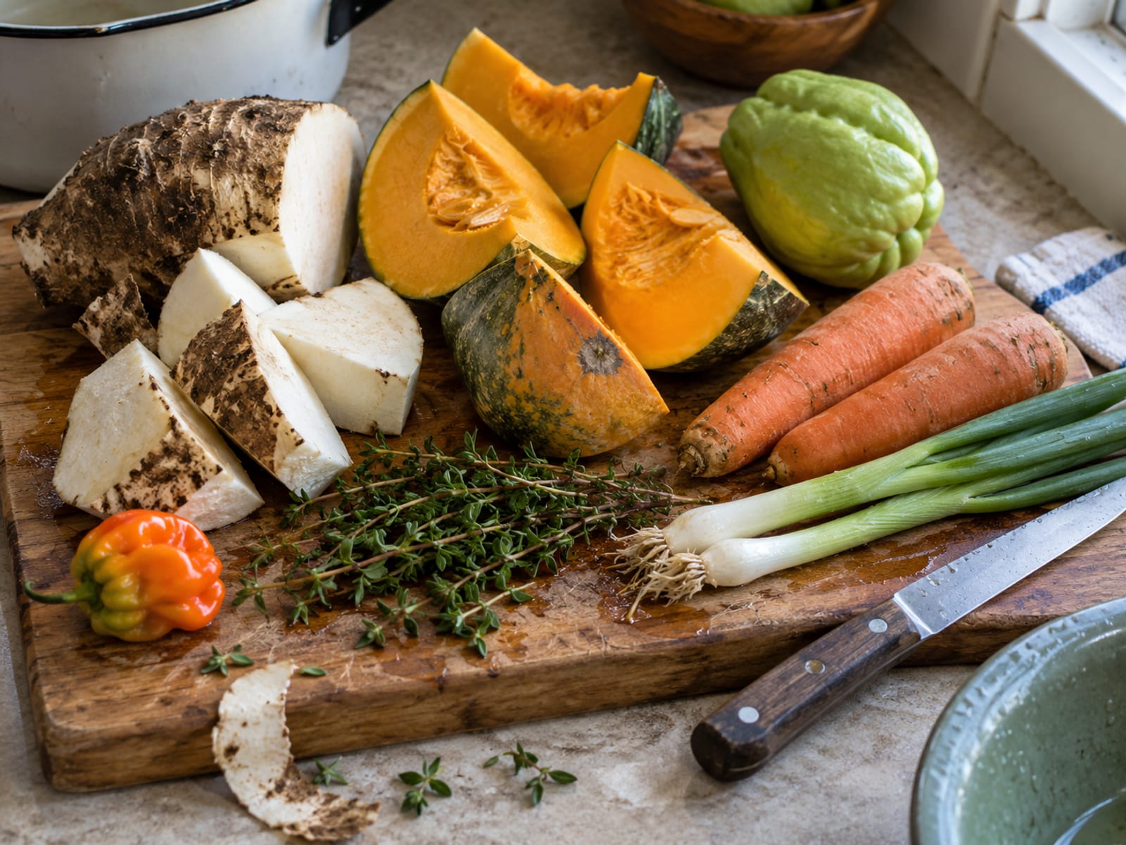 Yam, pumpkin, chayote and carrots on a wooden board beside green thyme