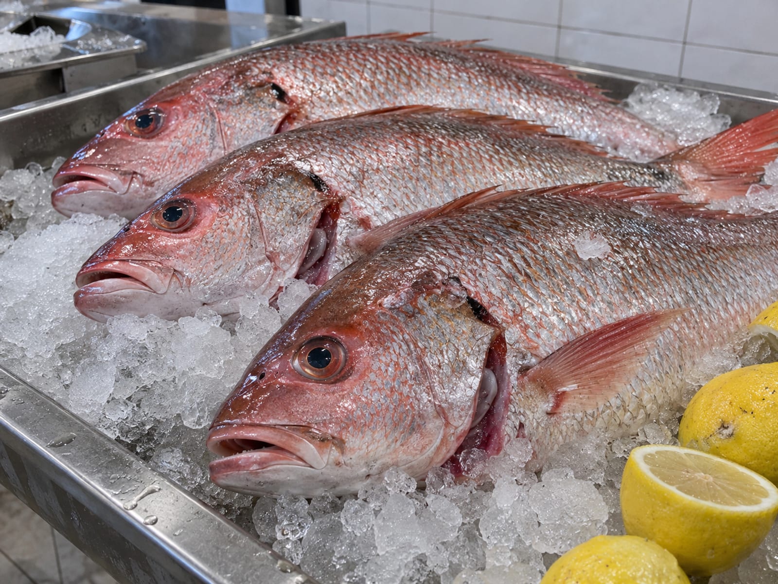 Fresh whole fish laid out on crushed ice on a stainless steel tray
