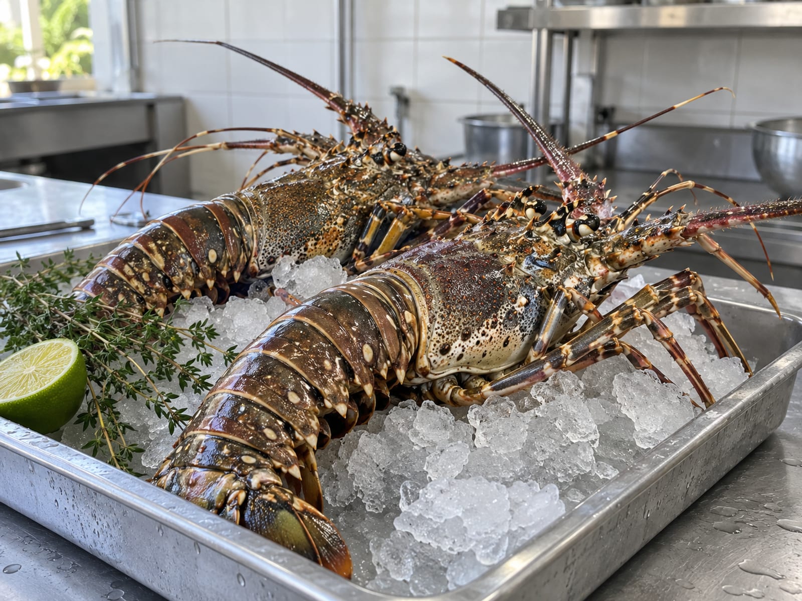 Spiny lobsters resting on crushed ice on a metal tray