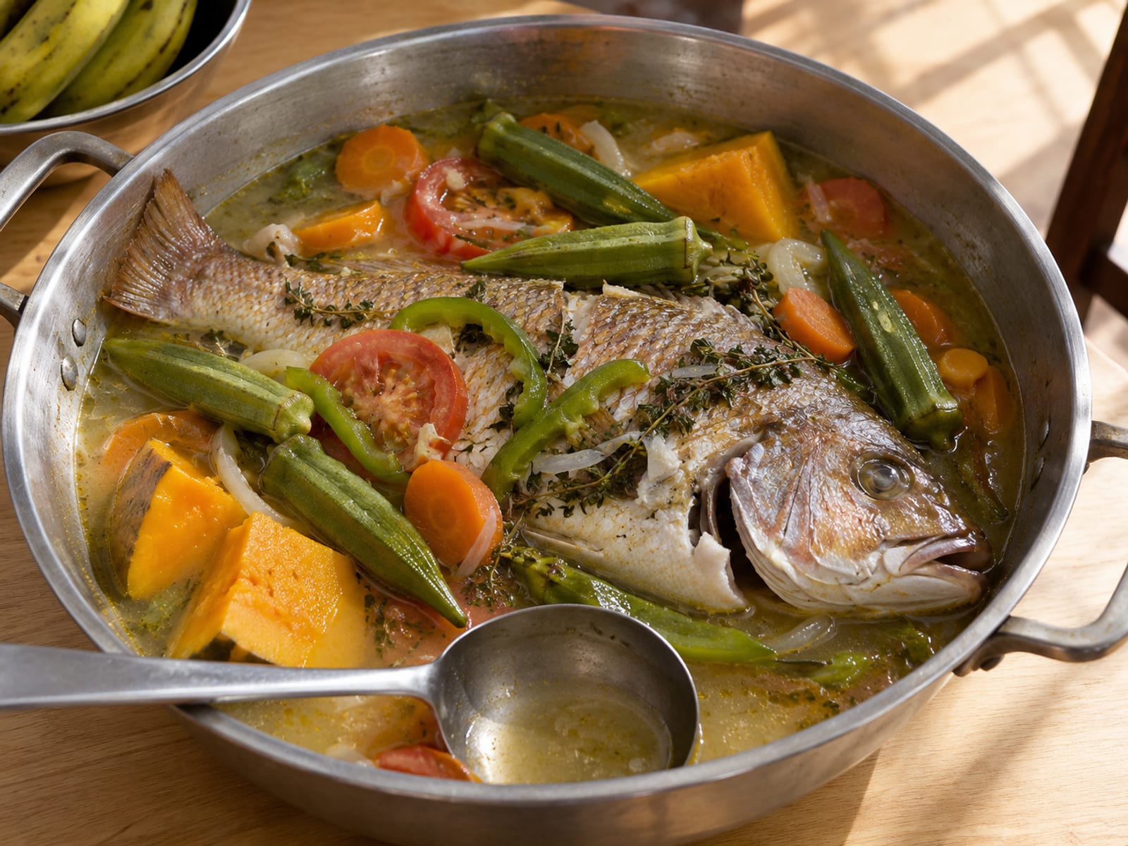 A steamed fish in a shallow pot with okra, pumpkin and tomato slices