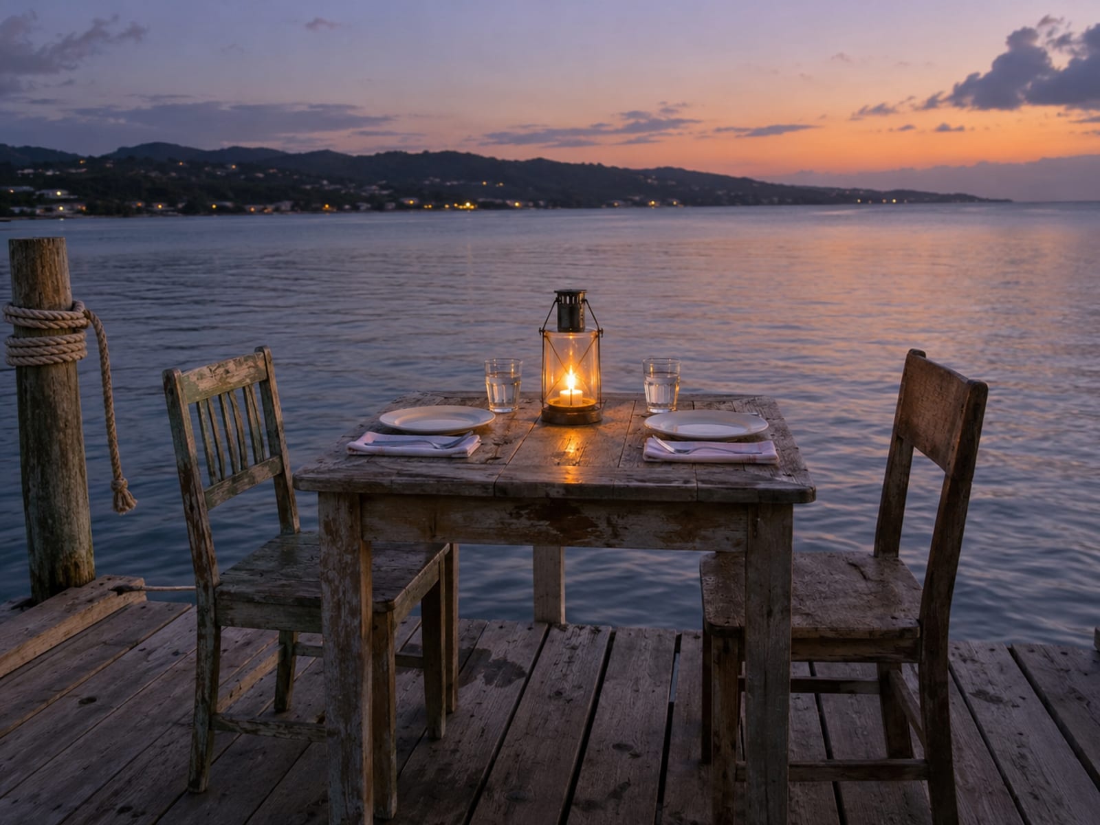 A table set for dinner on a wooden deck over calm water at dusk