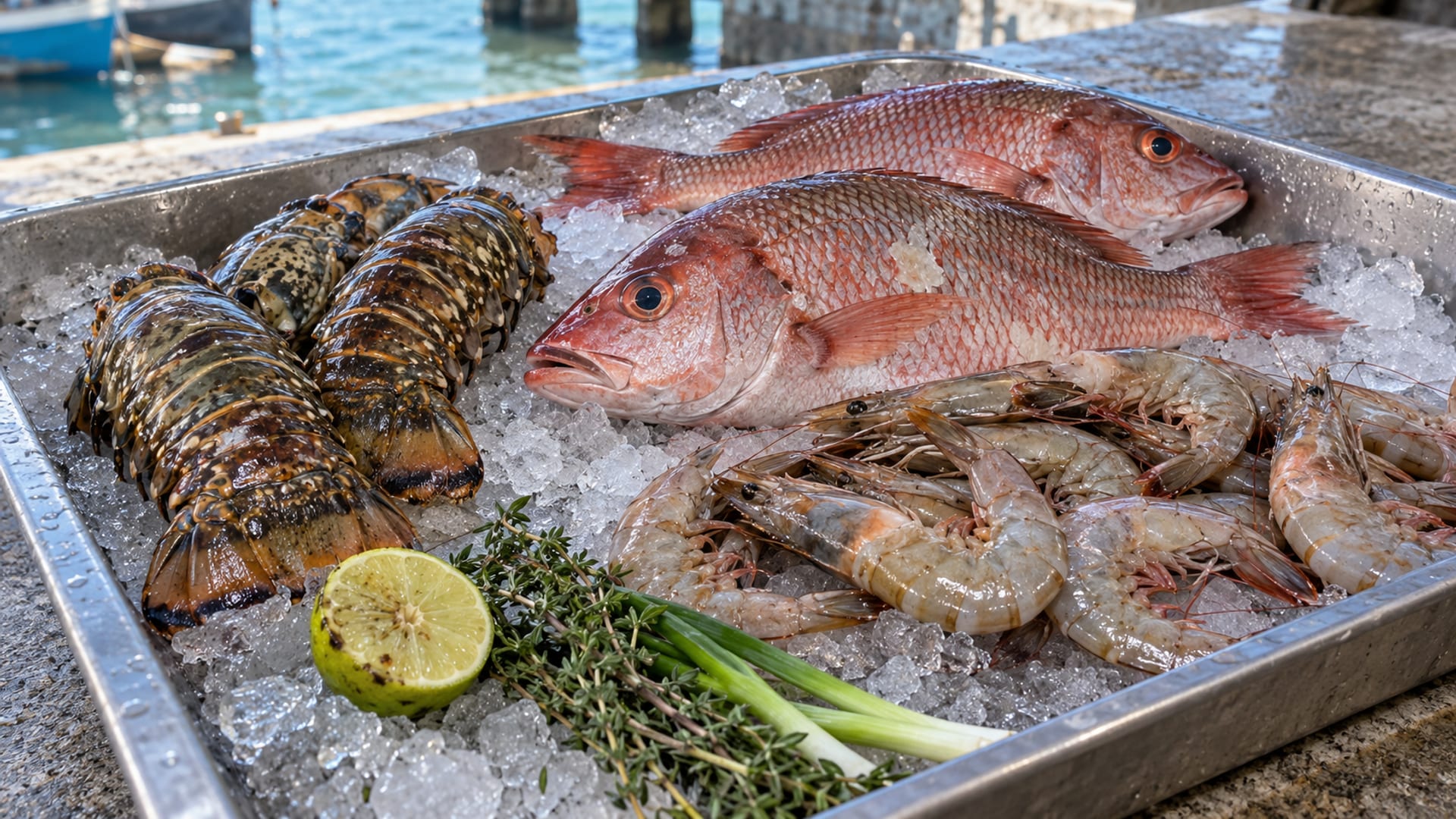 Lobster tails, prawns and whole fish laid on crushed ice in bright daylight