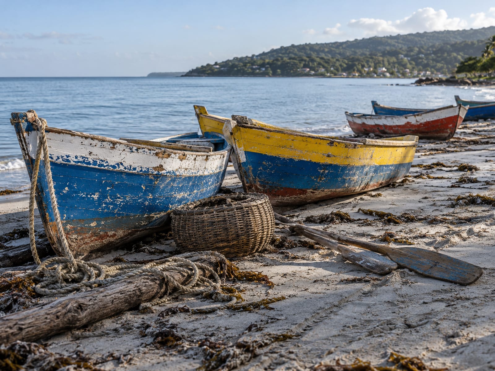 Painted wooden fishing boats pulled up on a sandy beach in morning light