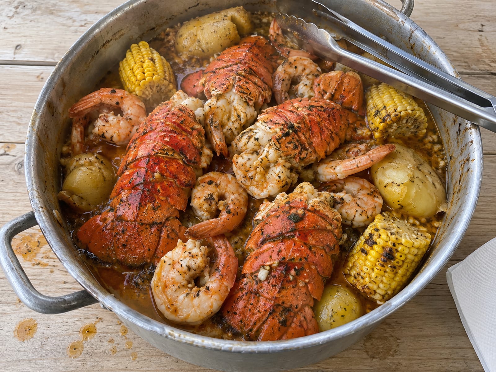 A large pot of lobster tail, shrimp, corn and potatoes steaming on a table